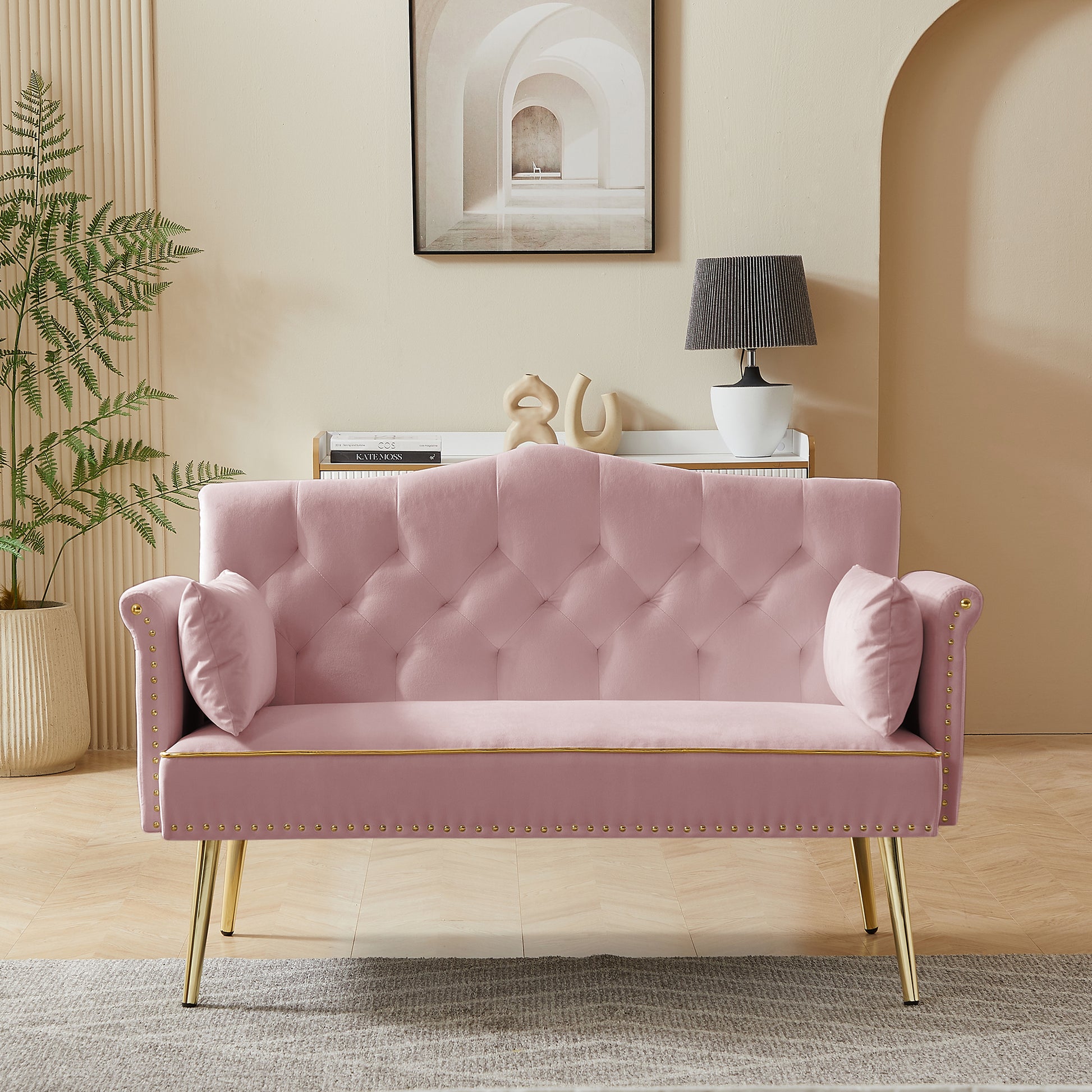 Pink 2 Seater Sofa Pink Wood Tufted Back Velvet 2 Seat