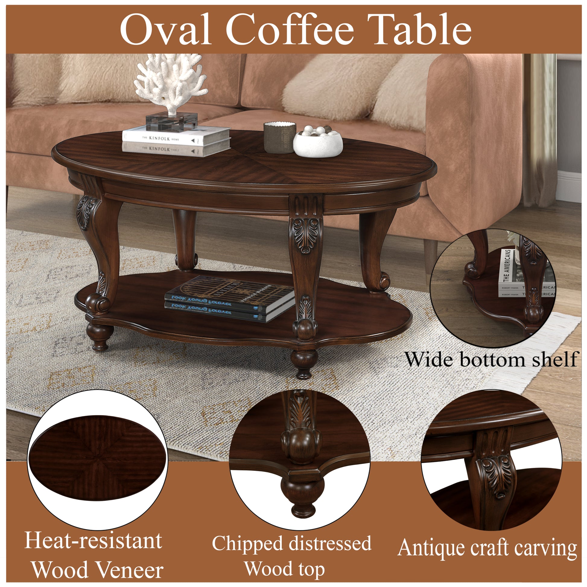 42'' Oval Wood Coffee Table For Living Room, 2 Tier Solid Wood Cocktail Table With Open Storage Shelf, Easy Assembly, Cherry Color Written On Package Box Is Light Espresso Cherry Rubber Wood