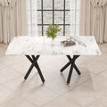 Large Modern Minimalist Rectangular Glass Dining Table, Suitable For 6 8 People, 0.39 Inch Imitation Marble Tabletop And Black Metal Legs, Used For Kitchen, Dining Room, Living Room, Conference Room. White Black Glass