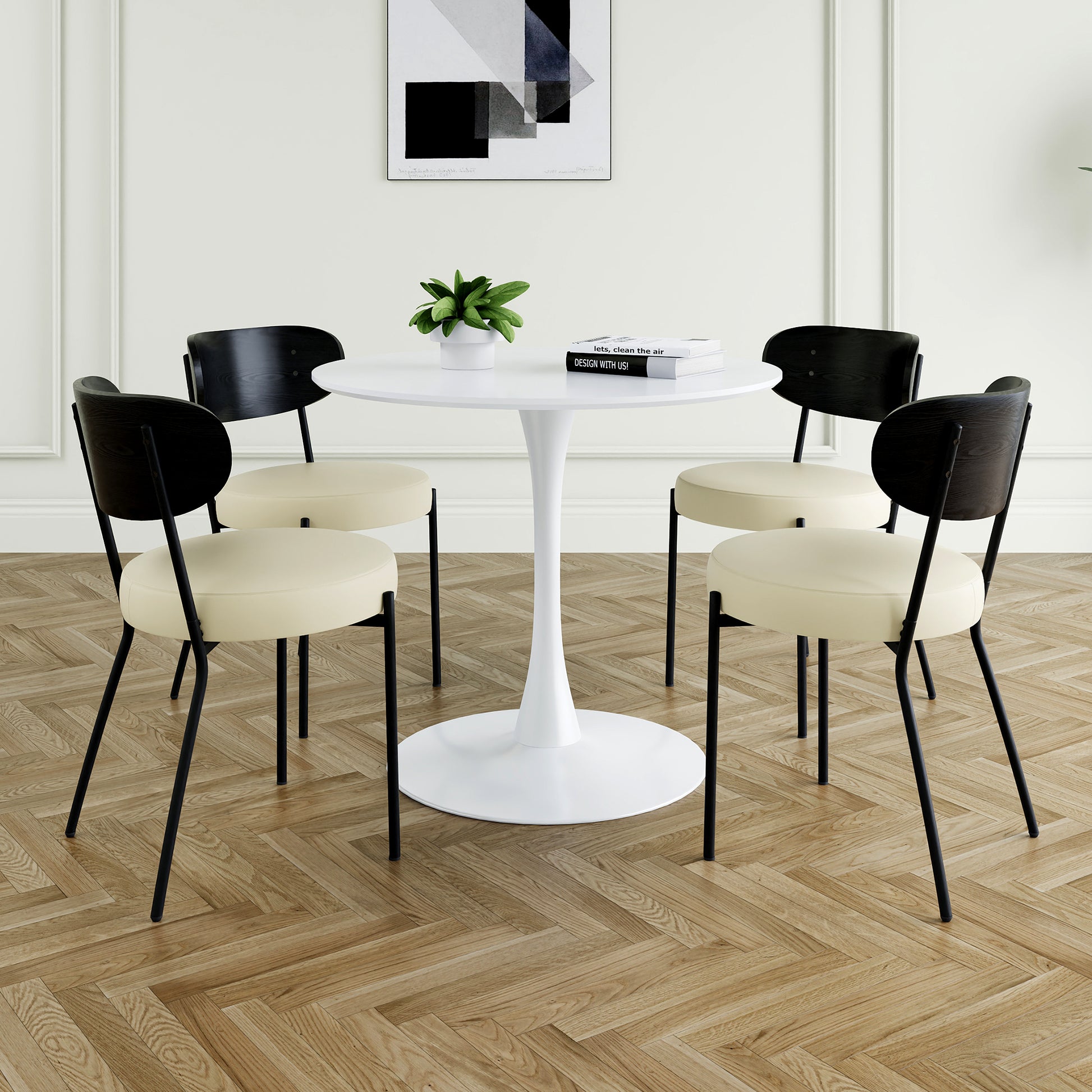 Modern Grey Simple Pu Dining Chair Upholstered Chair Family Bedroom Stool Back Dressing, White Round Table Set, Bentwood Covered With Ash Veneer Chair Back, Chair Black Metal Legs Set Of 5 White Mdf