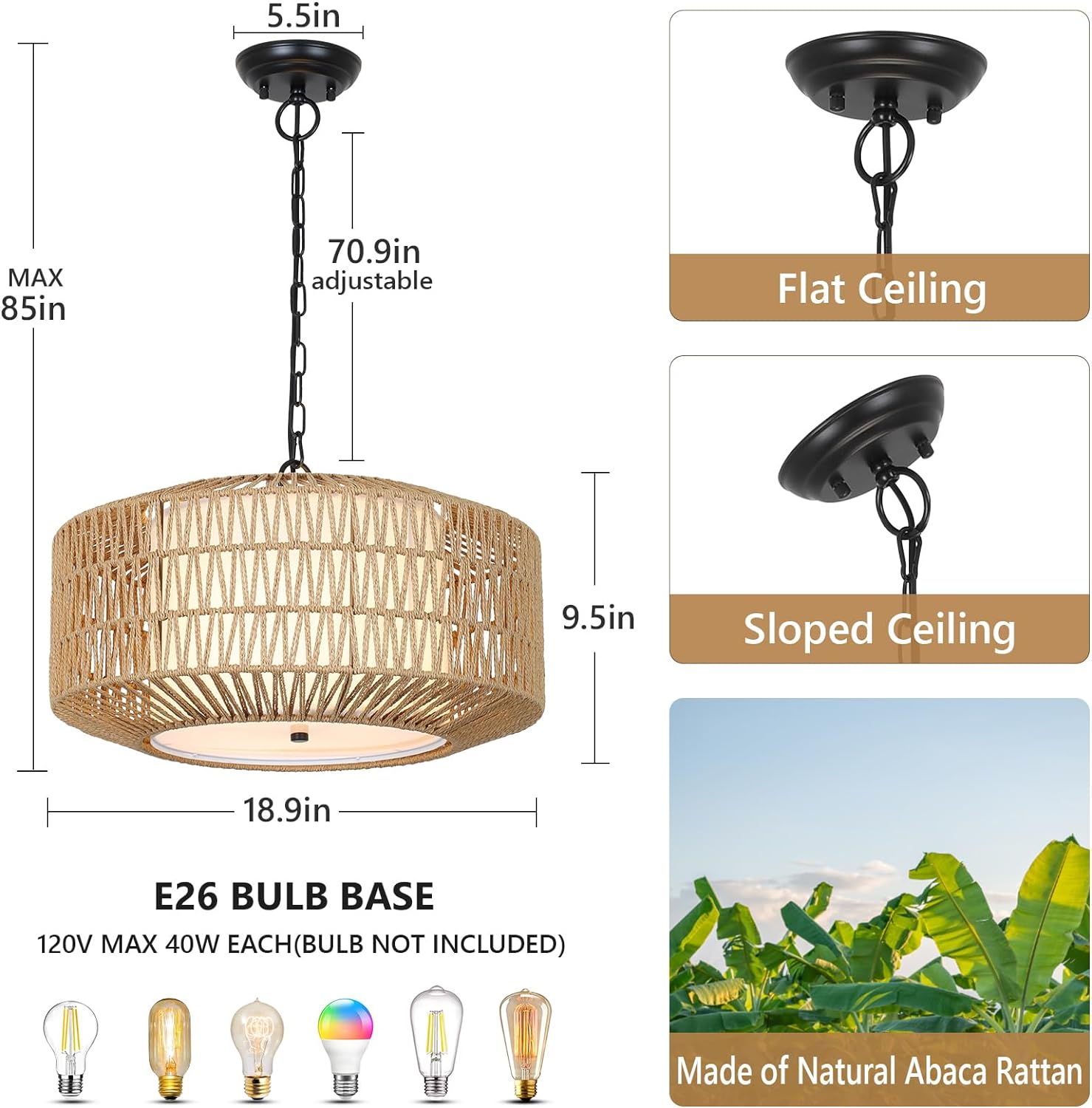 Farmhouse Chandelier Light Fixture,4 Light Rattan Boho Chandeliers For Dining Room With Fabric Shade,Hand Woven Large Rattan Dining Room Light Fixture For Kitchen Bedroom Island Hallway Brown Rattan Metal