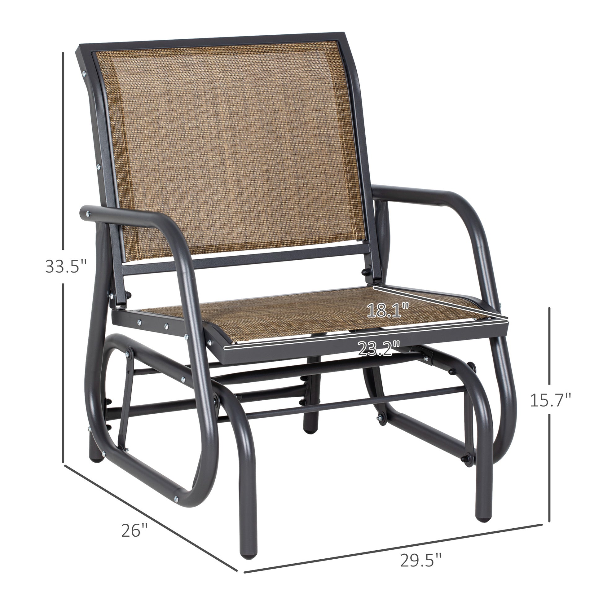 Outsunny Porch Glider, Metal Frame Swing Glider Chair Withmesh Fabric, Curved Armrests And Steel Frame For Garden, Poolside, Backyard, Balcony, Light Mixed Brown Brown Fabric Metal