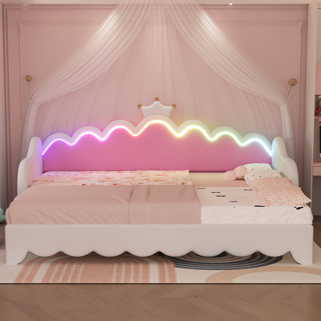 Twin Extending Daybed With Led Lights, Modern Upholstered Princess Daybed With Crown Headboard,White Twin White Wood
