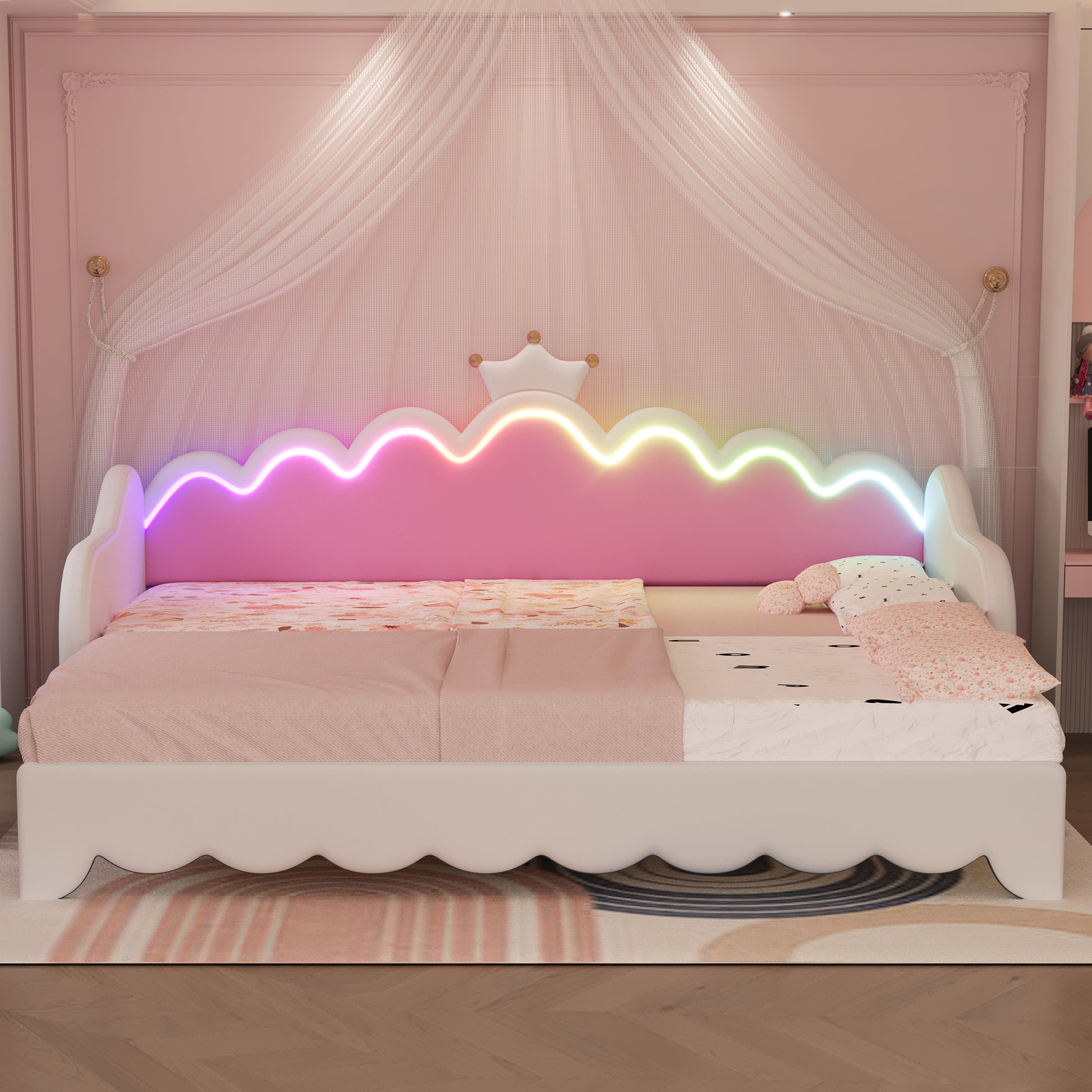 Twin Extending Daybed With Led Lights, Modern Upholstered Princess Daybed With Crown Headboard,White Twin White Wood