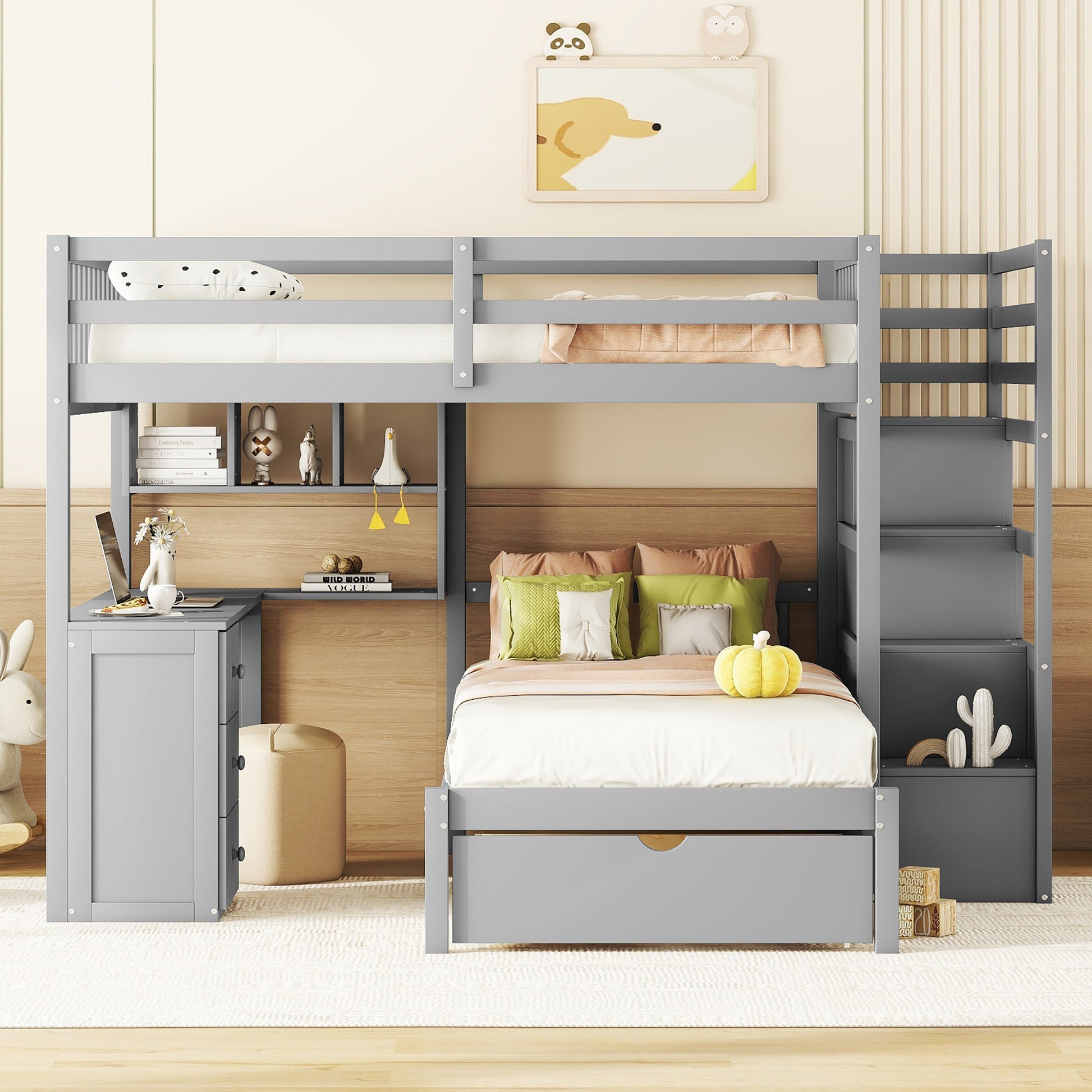 Full Over Twin Bunk Bed With Desk, Drawers And Shelves, Gray Gray Solid Wood