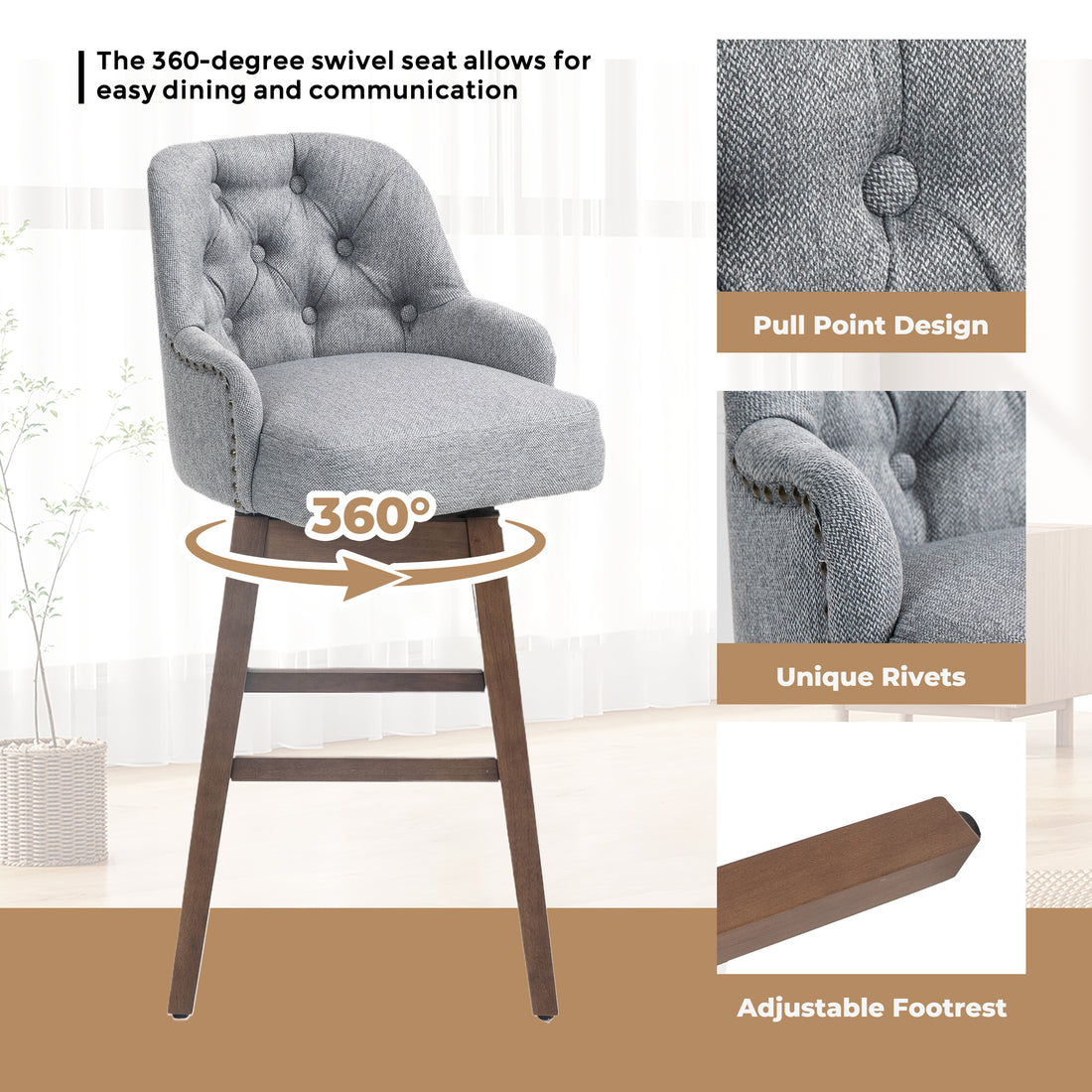 Coolmore Bar Stools Set Of 2 Counter Height Chairs With Footrest For Kitchen, Dining Room And 360 Degree Solid Wood Legs Swivel Bar Stools Set Of 2 Gray Linen Gray Foam Linen