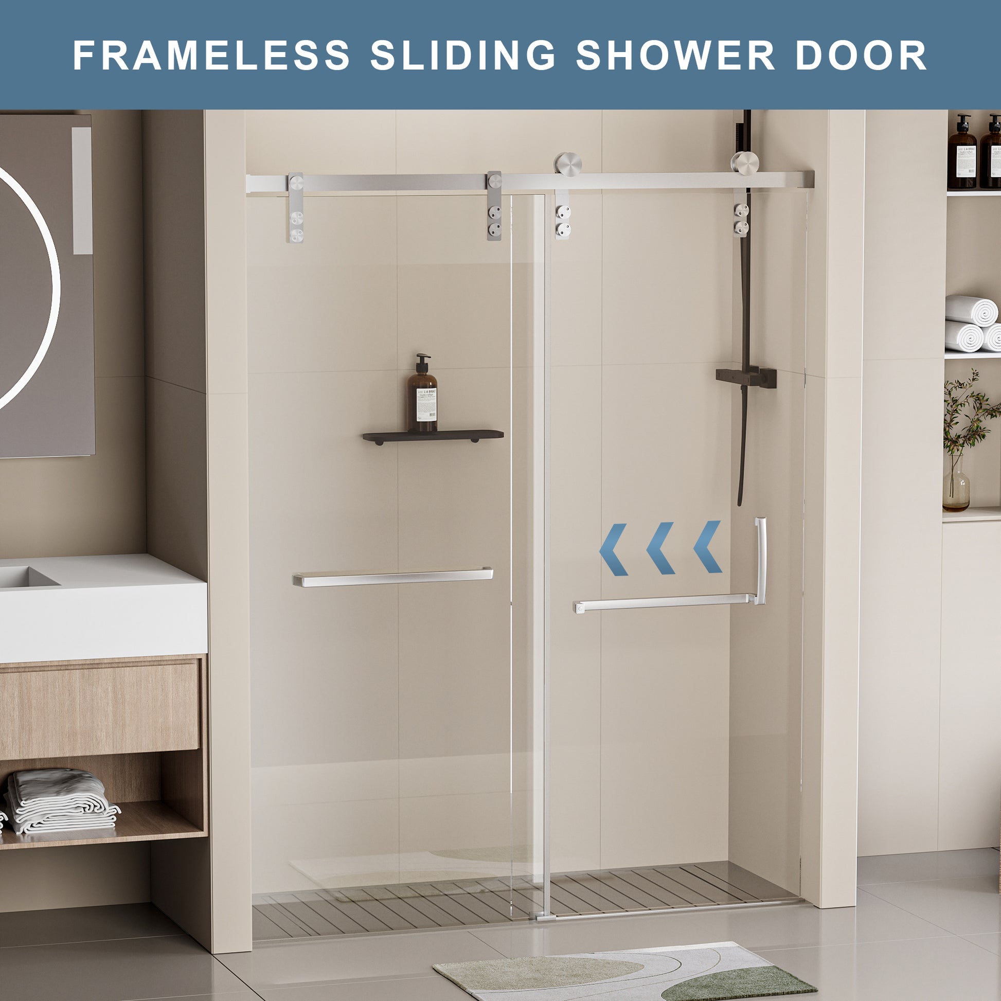 60 In. W X 76 In. H Frameless Soft Closing Shower Door, Single Sliding Shower Door, 5 16" 8Mm Clear Tempered Glass Shower Door With Explosion Proof Film, Brushed Nickel 24D211 60Bn Combo Brushed Nickel Bathroom Tempered Glass