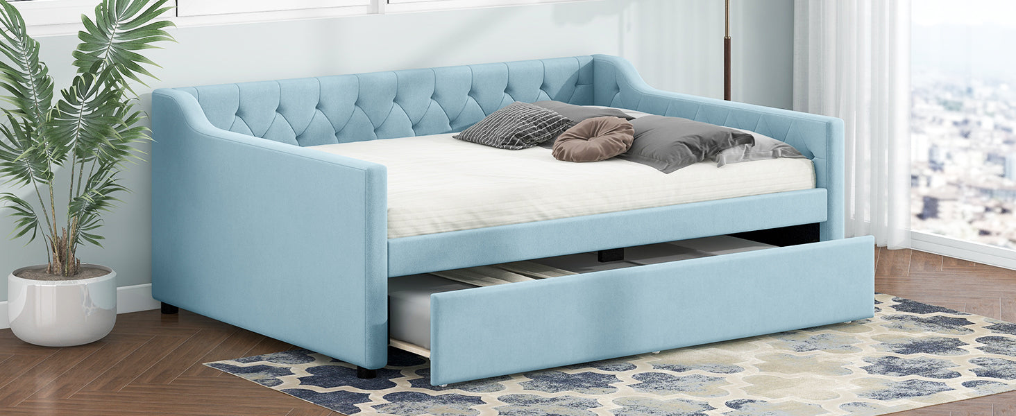 Full Size Upholstered Tufted Daybed With Twin Size Trundle, Blue Box Spring Not Required Full Blue Wood Daybeds Velvet Upholstered