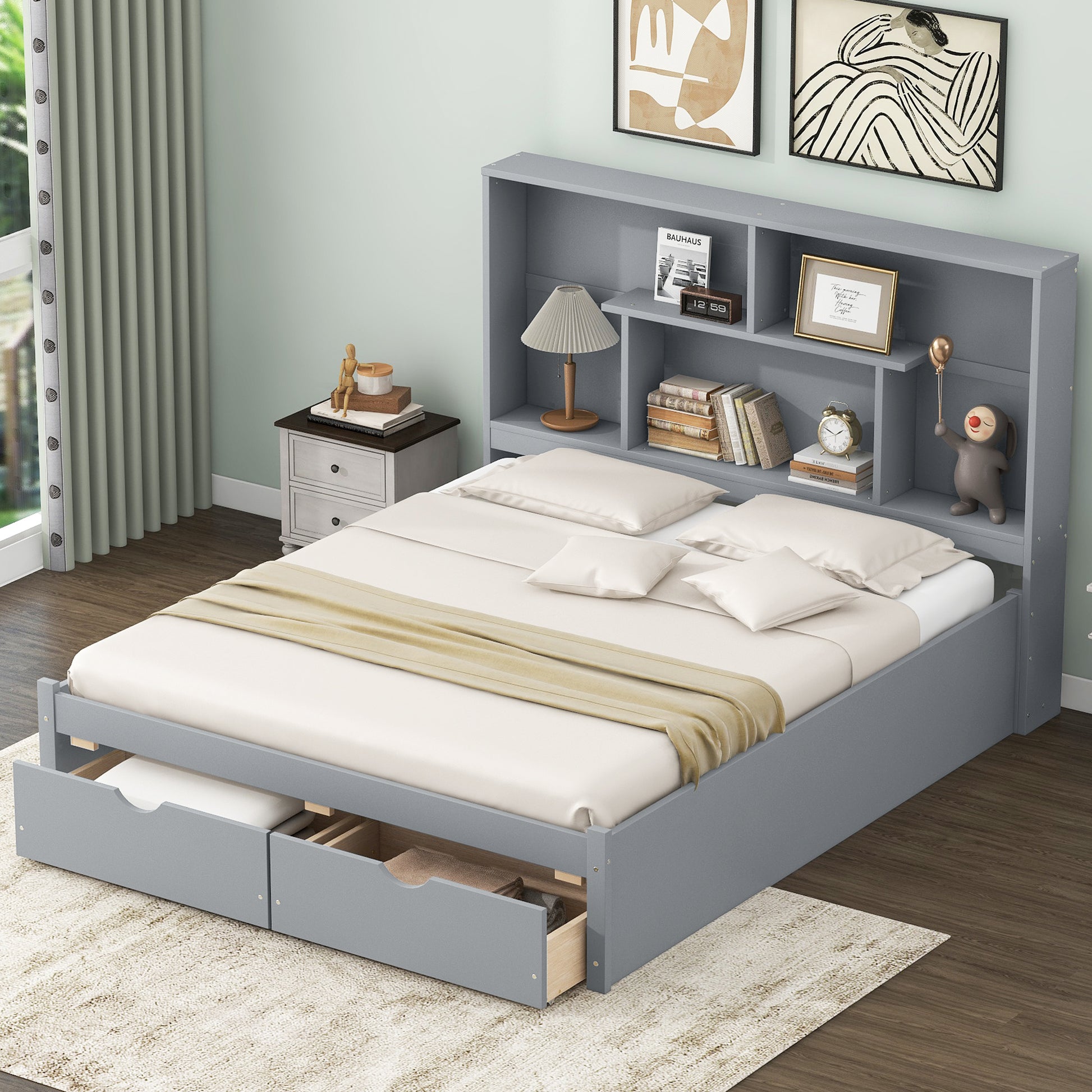 Queen Size Platform Bed With Storage Headboard And 2 Drawers, Gray Box Spring Not Required Queen Gray Wood Bedroom Bed Frame Solid Wood Mdf