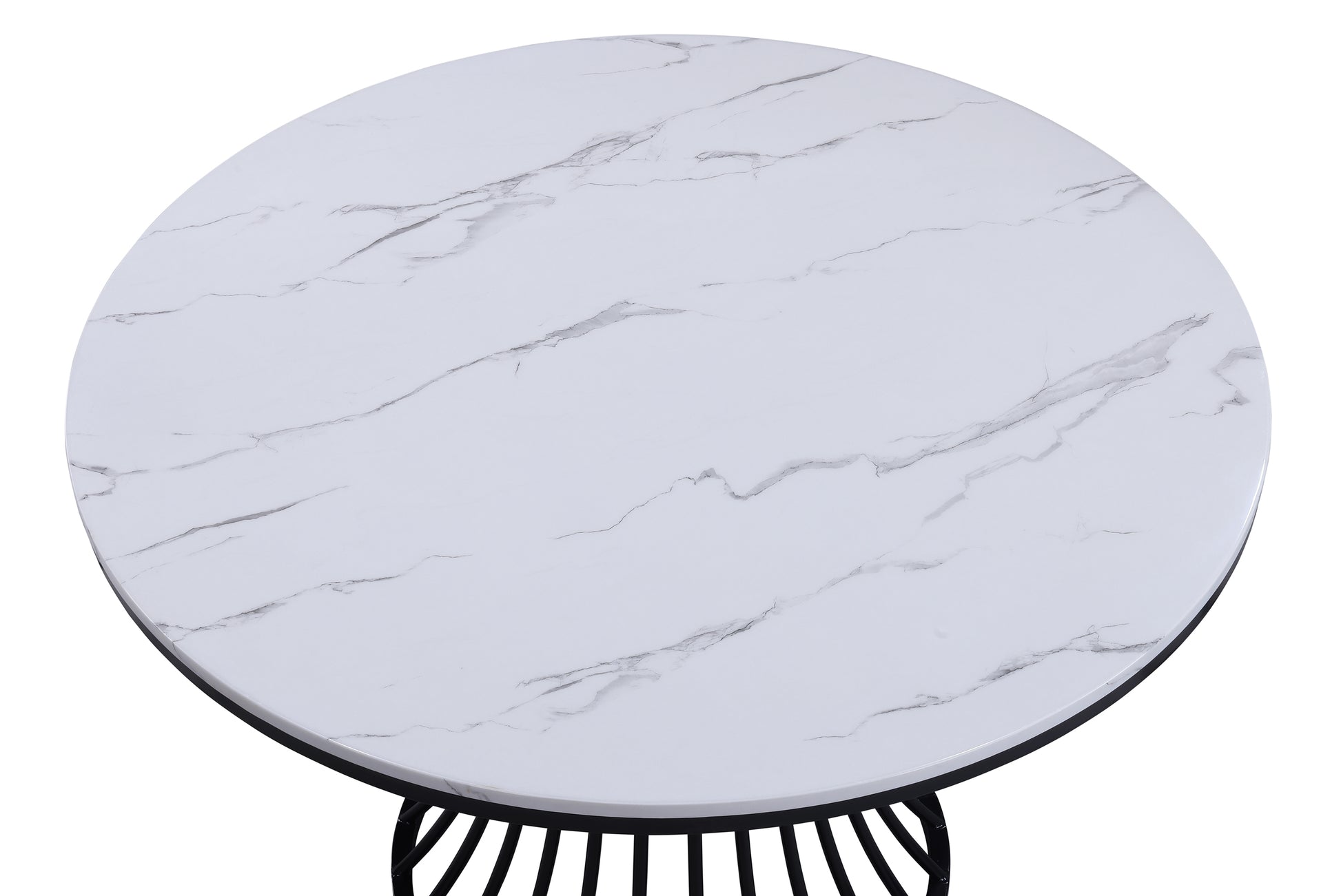 1Pc Unique White Faux Marble Round Table Cage Like Base Dining Wooden Furniture Black Finish Black White Seats 4 Dining Room Modern Round Round Faux Marble,Wood