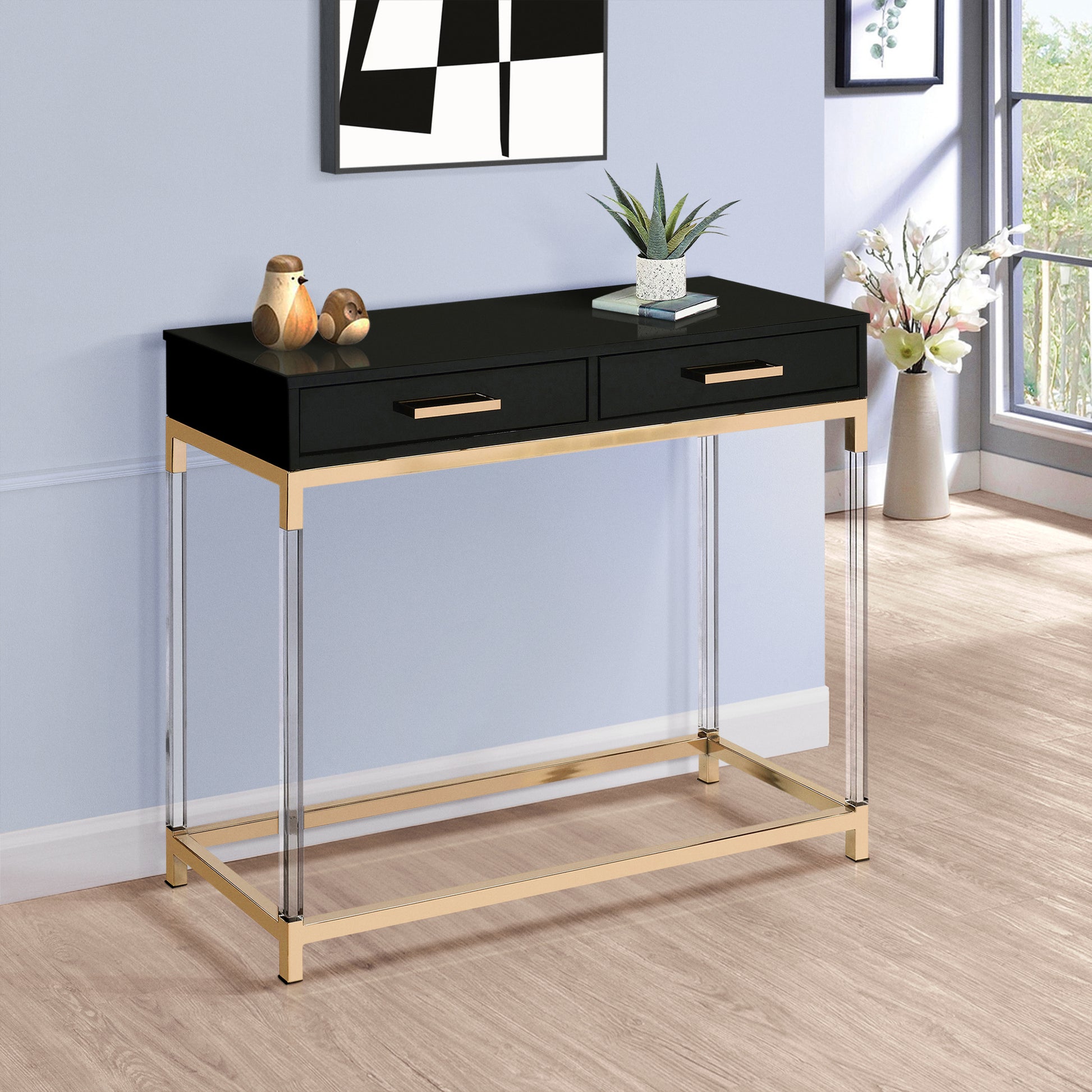 Black High Gloss And Gold Console Table With 2 Drawers Black Gold Primary Living Space Modern Drawers Rectangular Wood Metal