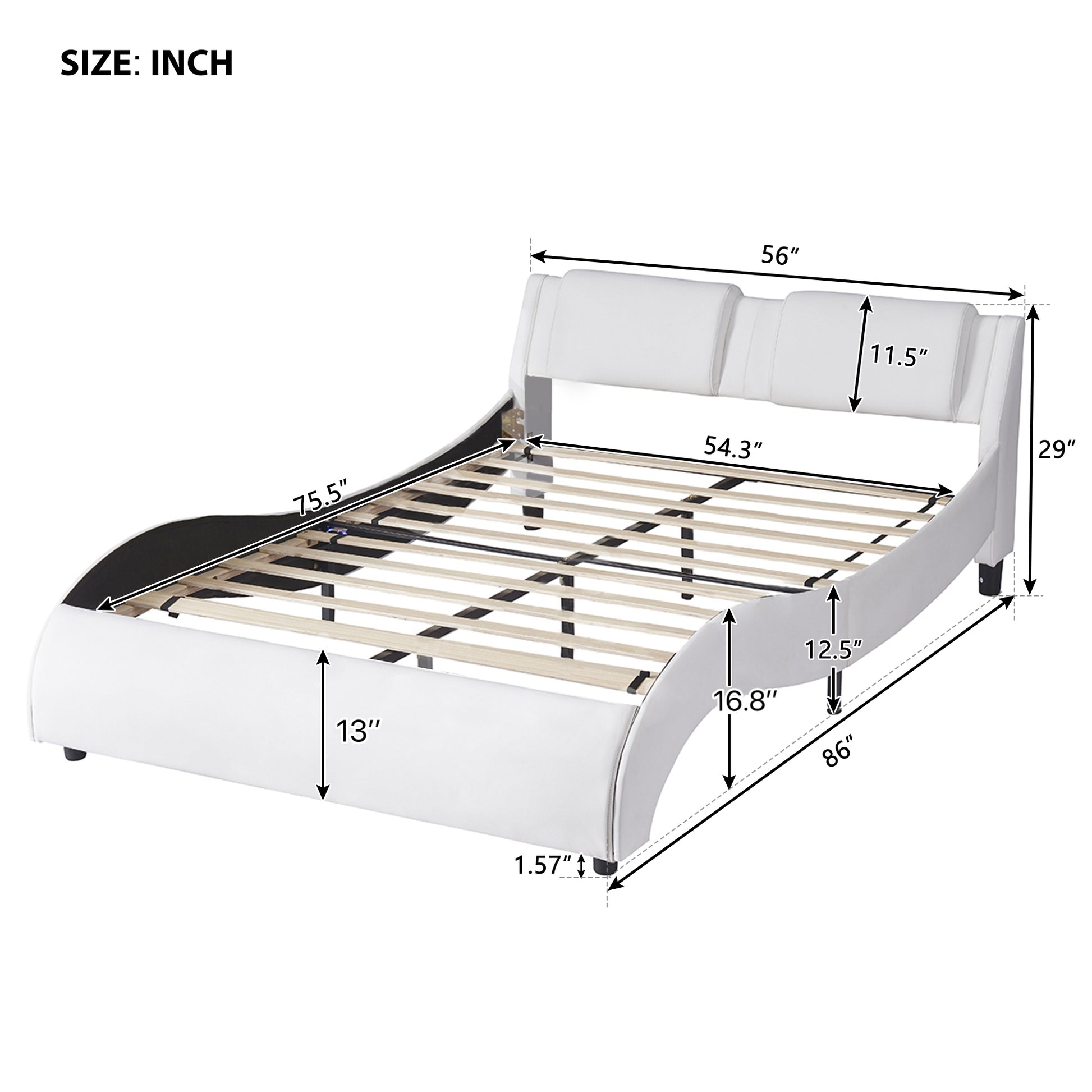 Full Size Upholstered Faux Leather Platform Bed With Led Light Bed Frame With Slatted White Full White Solid Wood
