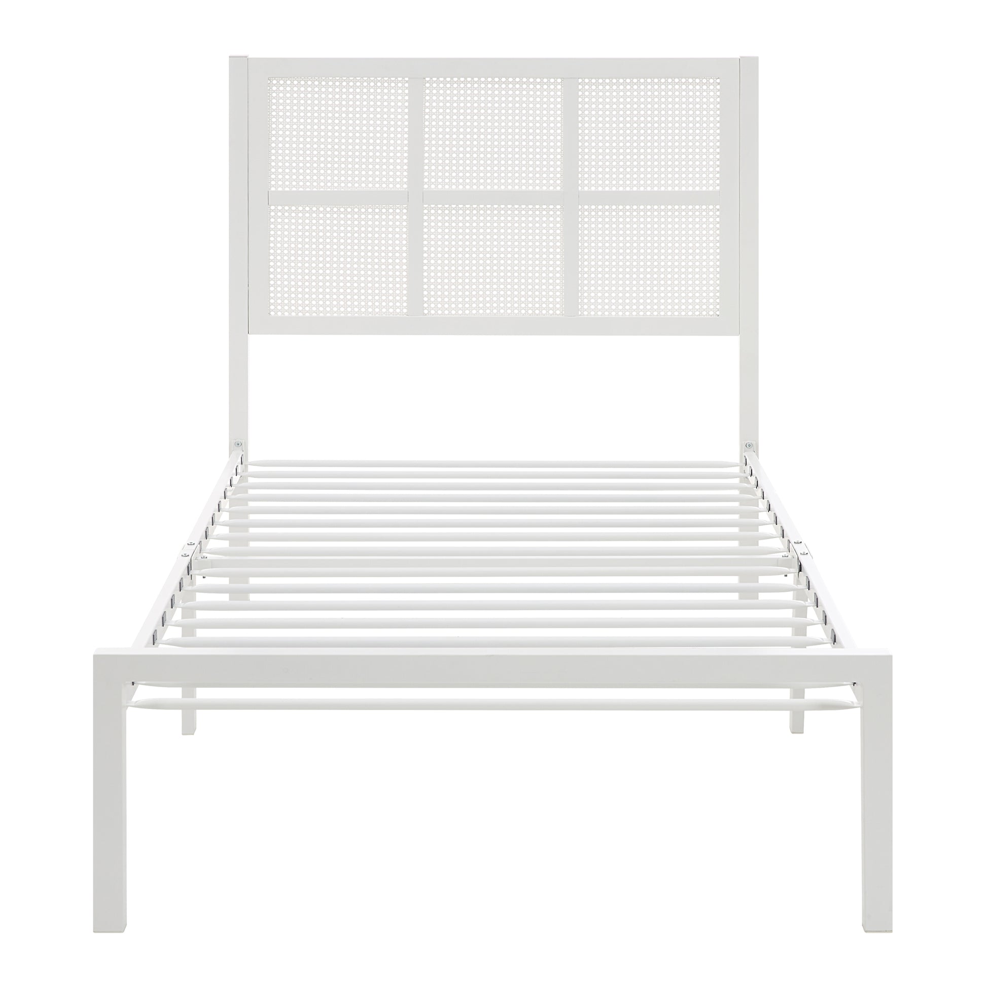 1Pc Twin Platform Bed, Metal Frame White Finish Faux Cane Panel Headboard Casual Coastal Bedroom Furniture, Bed In A Box Box Spring Not Required Twin White Metal Bedroom Casual,Coastal Metal