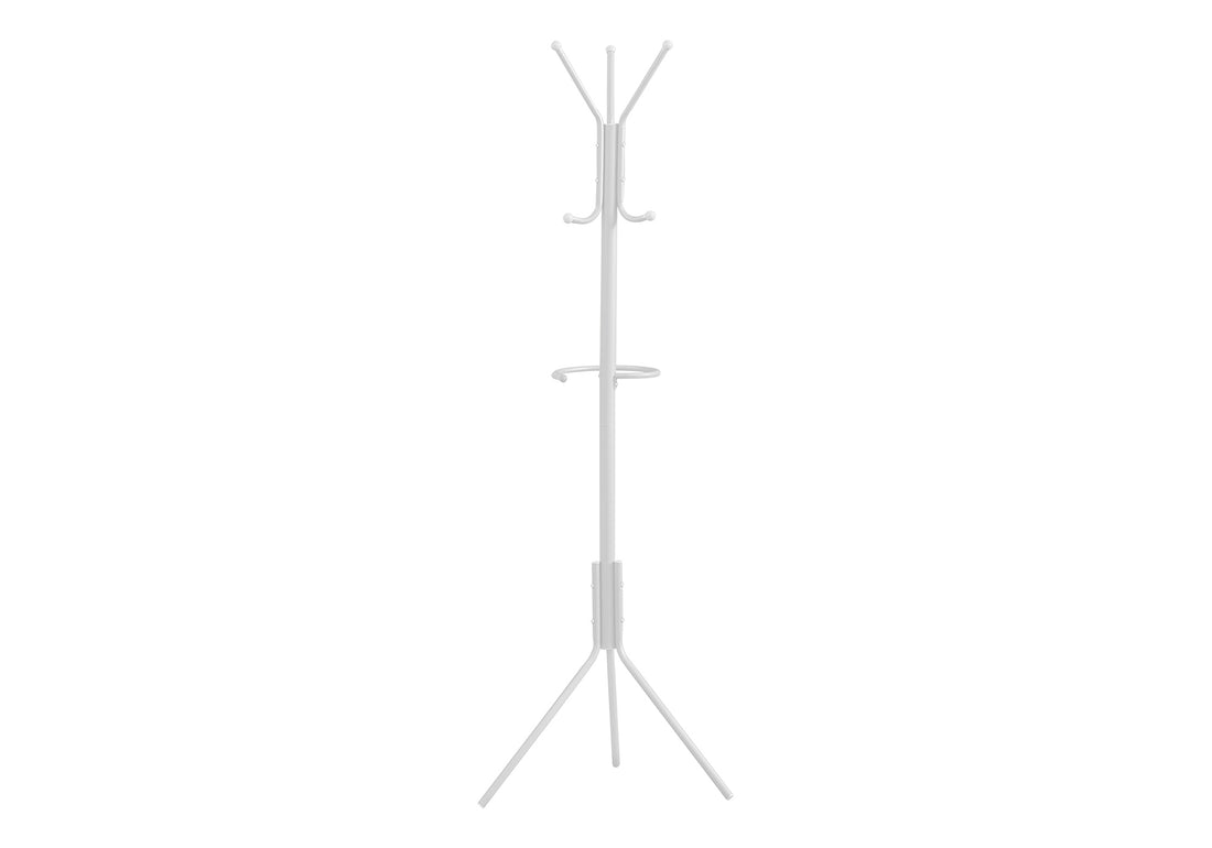 Coat Rack, Hall Tree, Free Standing, Hanging Bar, 6 Hooks, Entryway, 68"H, Bedroom, White Metal, Contemporary, Modern White Metal