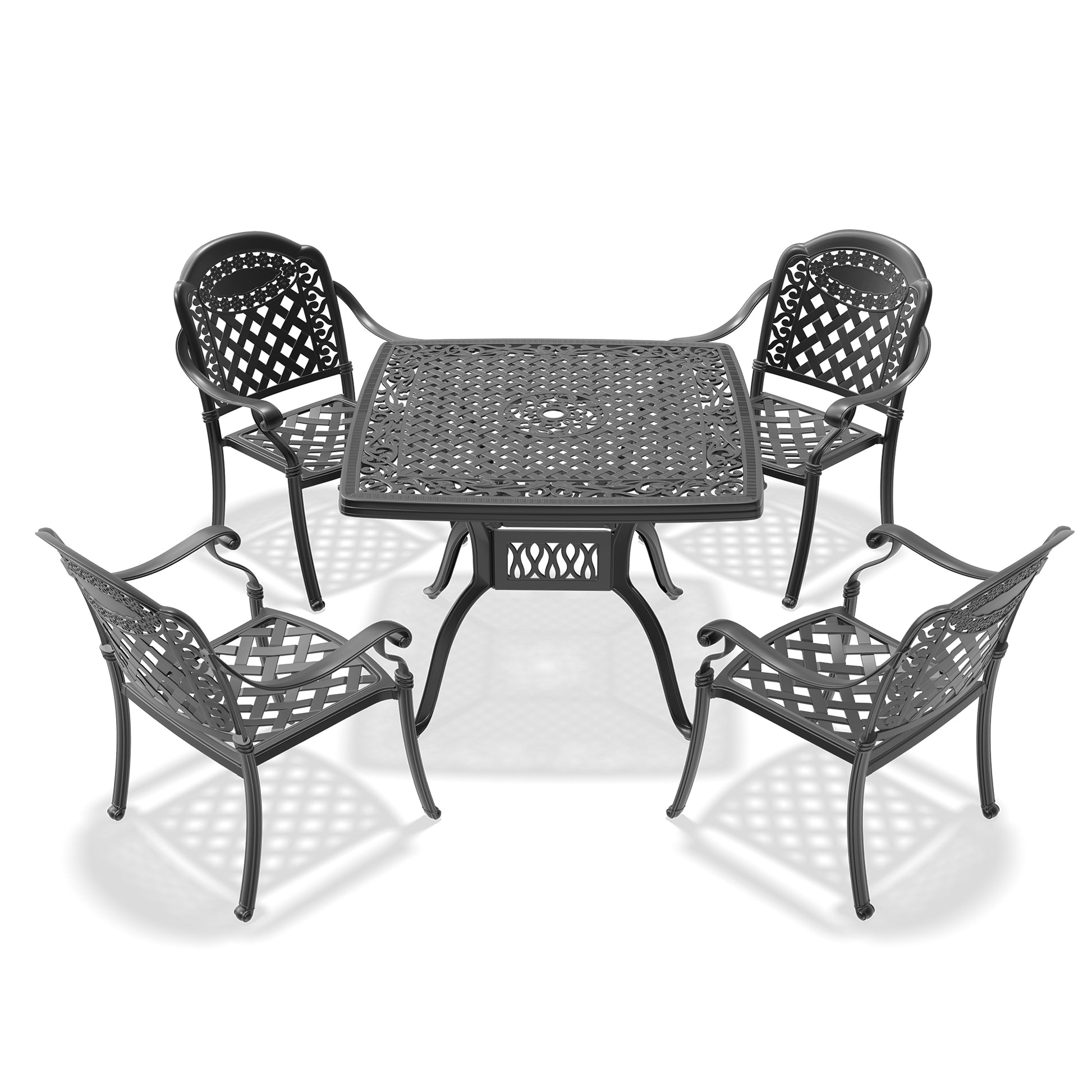 Cushions In Random Colors 5 Piece Set Of Cast Aluminum Patio Furniture With Cushions Yes Dining Set Black Seats 4 Rust Resistant Frame Water Resistant Cushion Garden & Outdoor Complete Patio Sets Aluminium