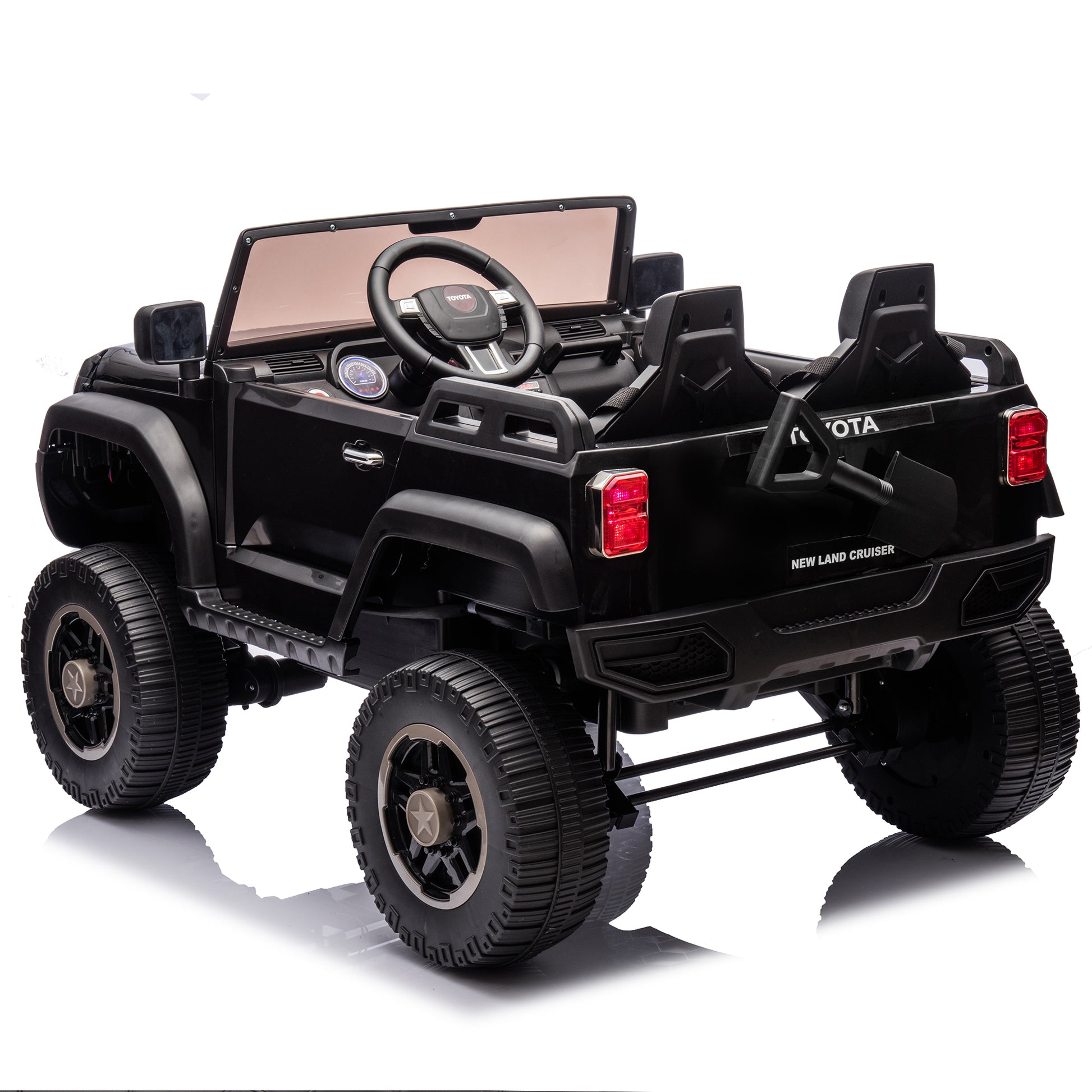 24V Two Seater Kids Ride On Car W Parents Remote Control, Licensed Toyota Lc250,2Wd,110W Motors,With Shovel,Three Point Seat Belt,Slow Start,Speed Adjustment,Bluetooth,Music For Kids Aged 3 . Black 100 149 Lbs Polypropylene