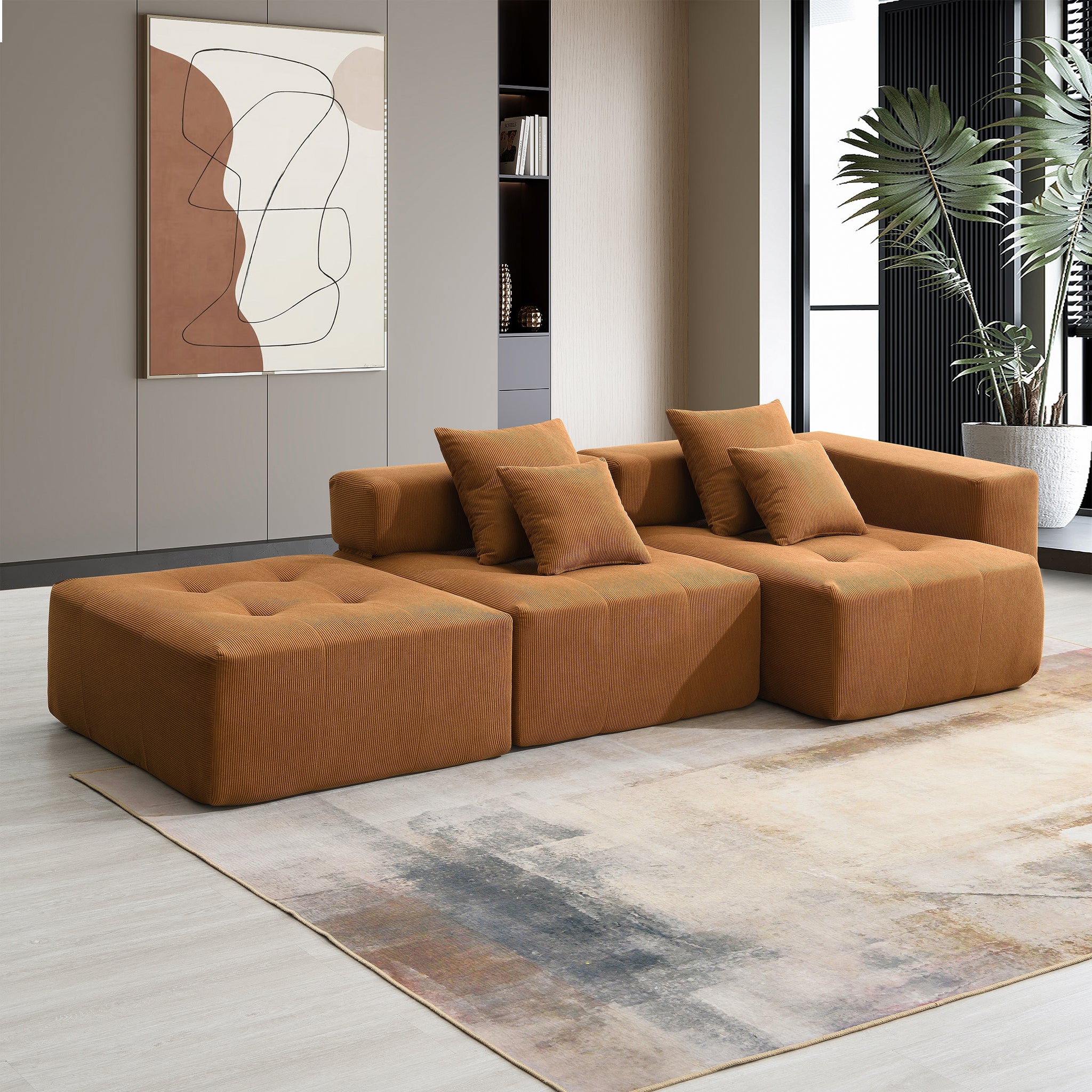 105.5'' L Shaped Modular Sectional Sofa,Minimalist Corduroy Floor Couch Set,Convertible Foam Filled Cloud Couch For Living Room,3 Pc Free Combination,No Assembly Required,3 Colors Brown Corduroy 4 Seat