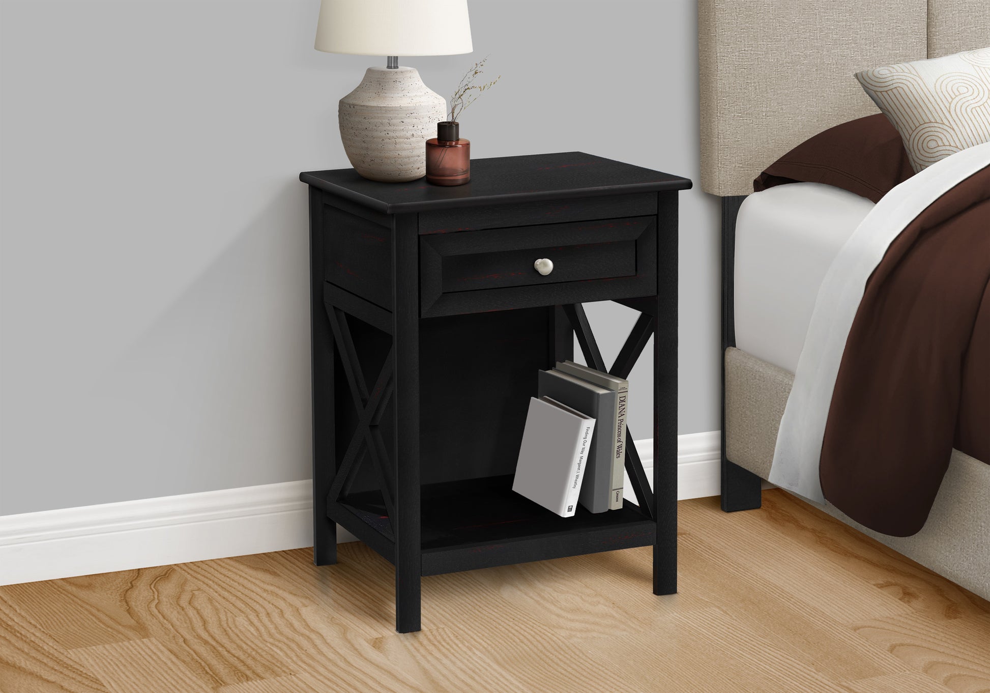 Accent Table, End, Side Table, 2 Tier, Bedroom, Nightstand, Lamp, Storage Drawer, Black Veneer, Transitional Black Mdf