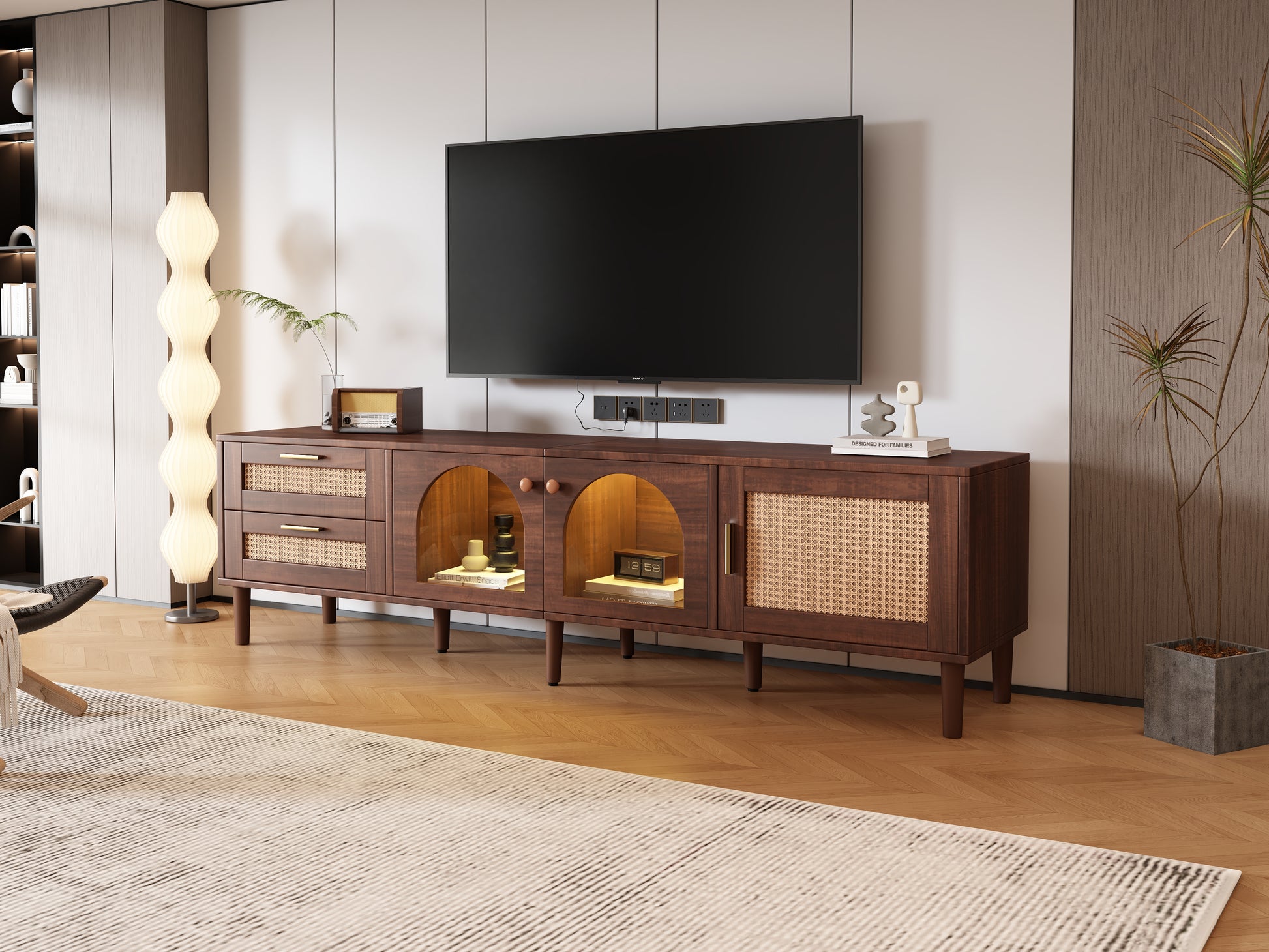 Rattan Tv Stand With 3 Cabinets & 2 Drawers, Rattan Inspired Media Console Table For Tvs Up To 80'', Led Light Entertainment Center, Tv Cabinet For Living Room, Bedroom, Home Theatre Dark Brown