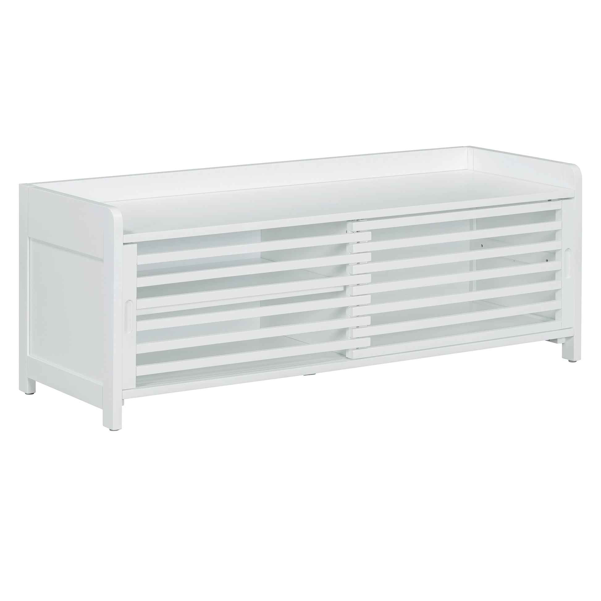 Distressed Shutter Storage Bench With Acacia Veneer For Retro Charm For Living Room, Entryway White White Mdf