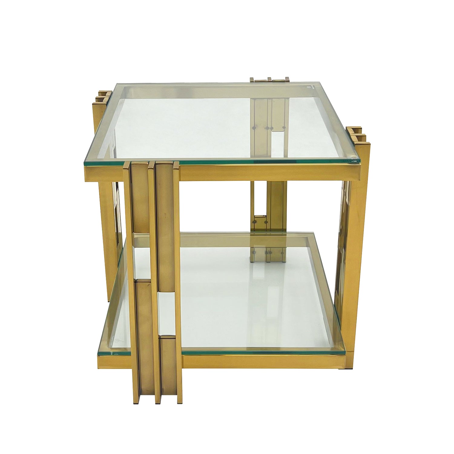 Golden Stainless Steel End Table, Double Layer, Clear Tempered Glass End Table, For Bed Room, Living Room Clear,Gold Modern Open Storage Rectangular Stainless Steel,Tempered Glass