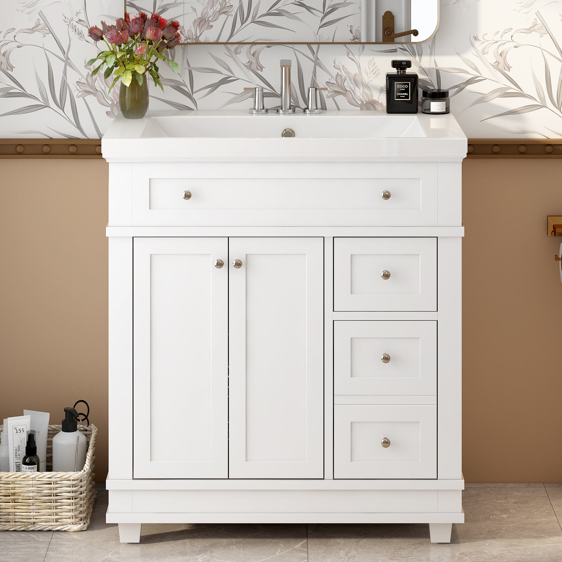 30" Bathroom Vanity Cabinet With Sink Combo Set, Undermount Resin Sink, Free Standing Vanity Set With 2 Drawers& Soft Closing Doors, Solid Wood Frame Bathroom Cabinet, White 2 White 2 1 Bathroom Freestanding Solid Wood Mdf Resin Painted