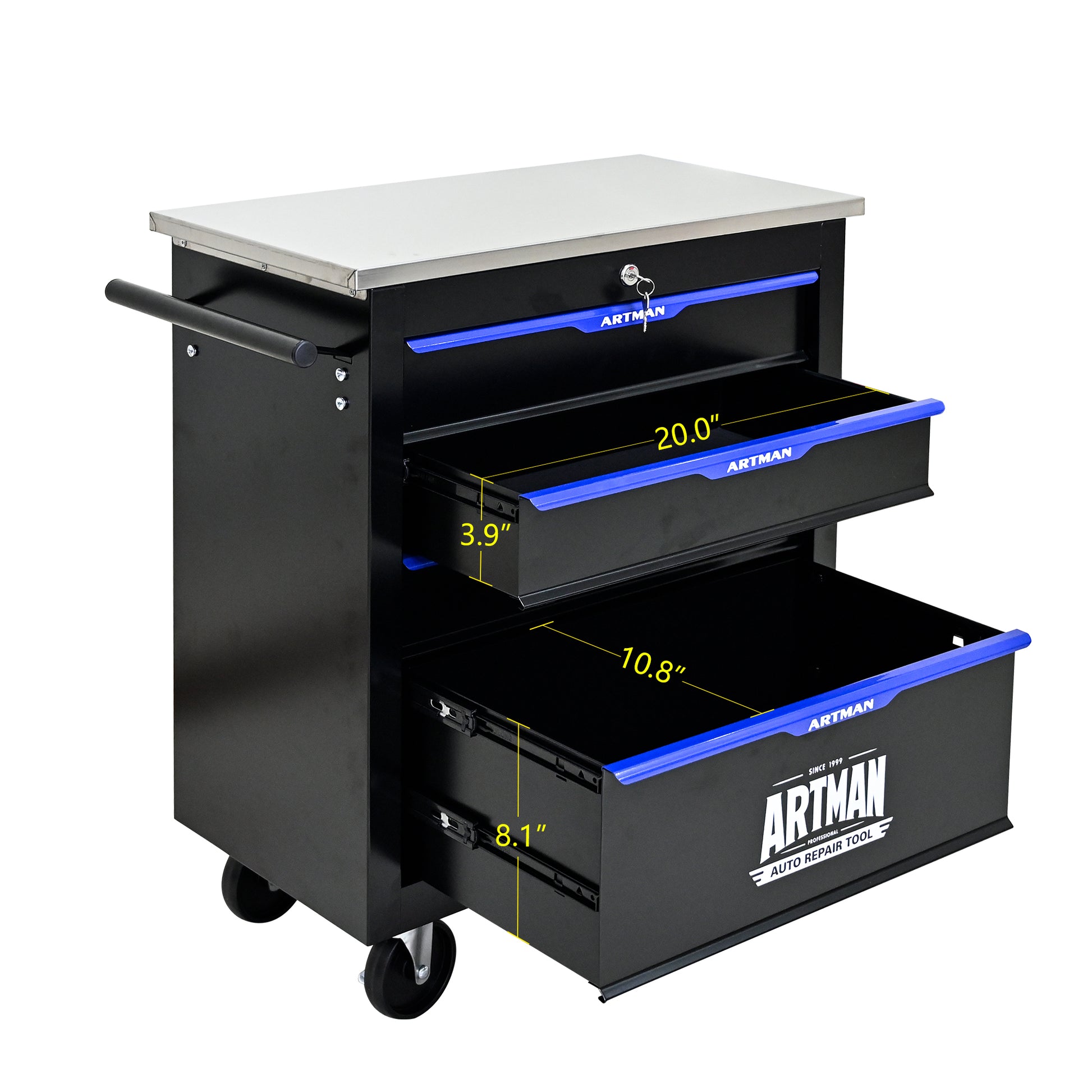 4 Drawers Multifunctional Tool Cart With Wheels Black Black Blue Steel