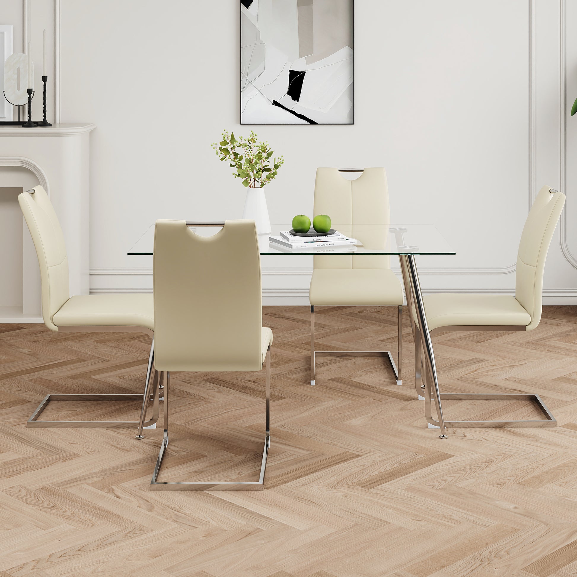 Modern Simple Rectangular Glass Dining Table, Solid Tempered Glass Tabletop, Electroplated Table Legs, Light Yellow Pu Dining Chair Set, Suitable For Restaurant Kitchen Use Set Of 5 Upholstered Chair Glass Light Yellow Seats 4 Metal Rectangular Dining