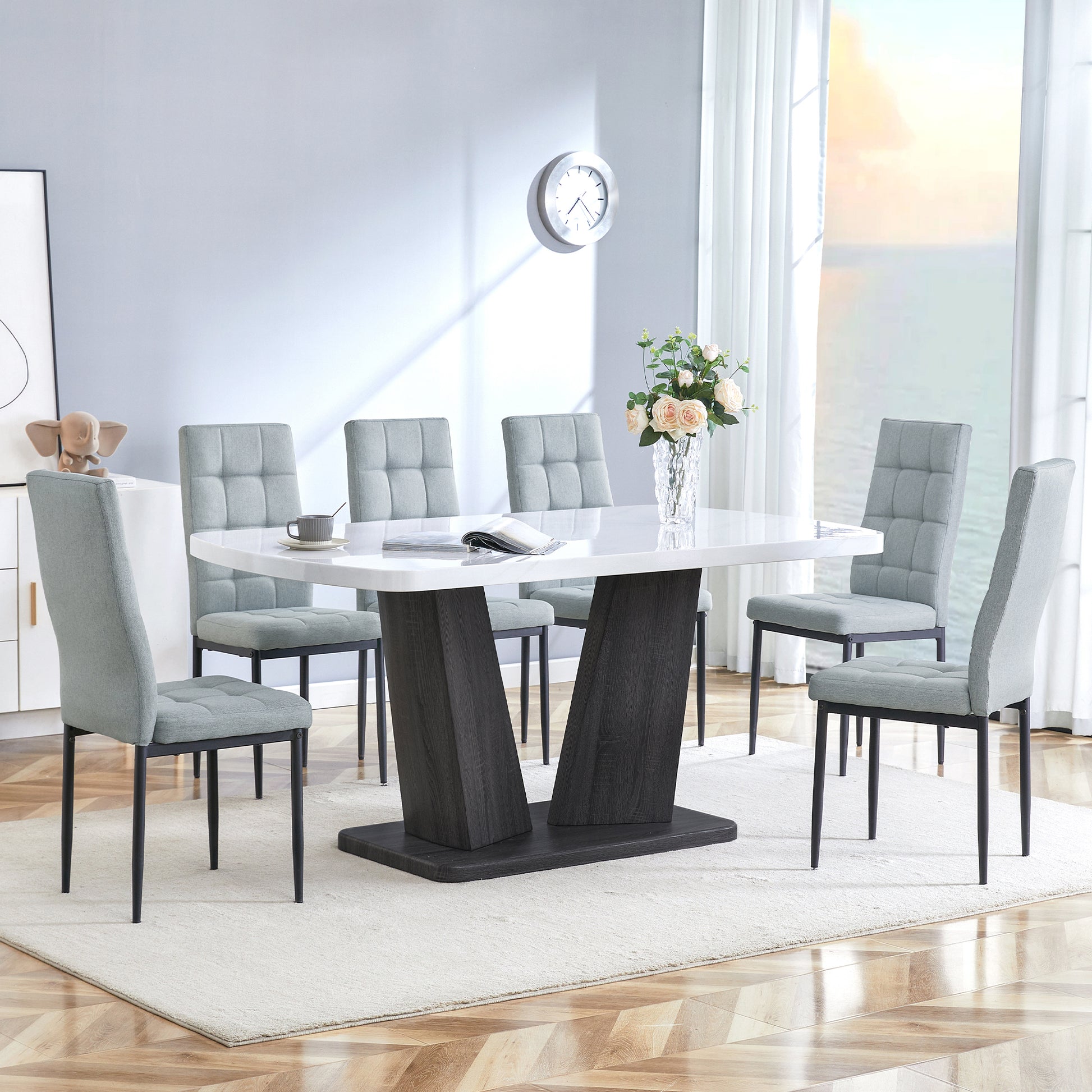 Modern Dining Table Set For 6, 7 Piece Dining Set, 63" Rectangle Kitchen Table With 6 Upholstered Chairs, 1.8" Thickness Tabletop And V Shaped Table Legs, White Faux Marble Dining Set For Kitchen Room Metal White Gray Dining Room Modern Rectangular Mdf