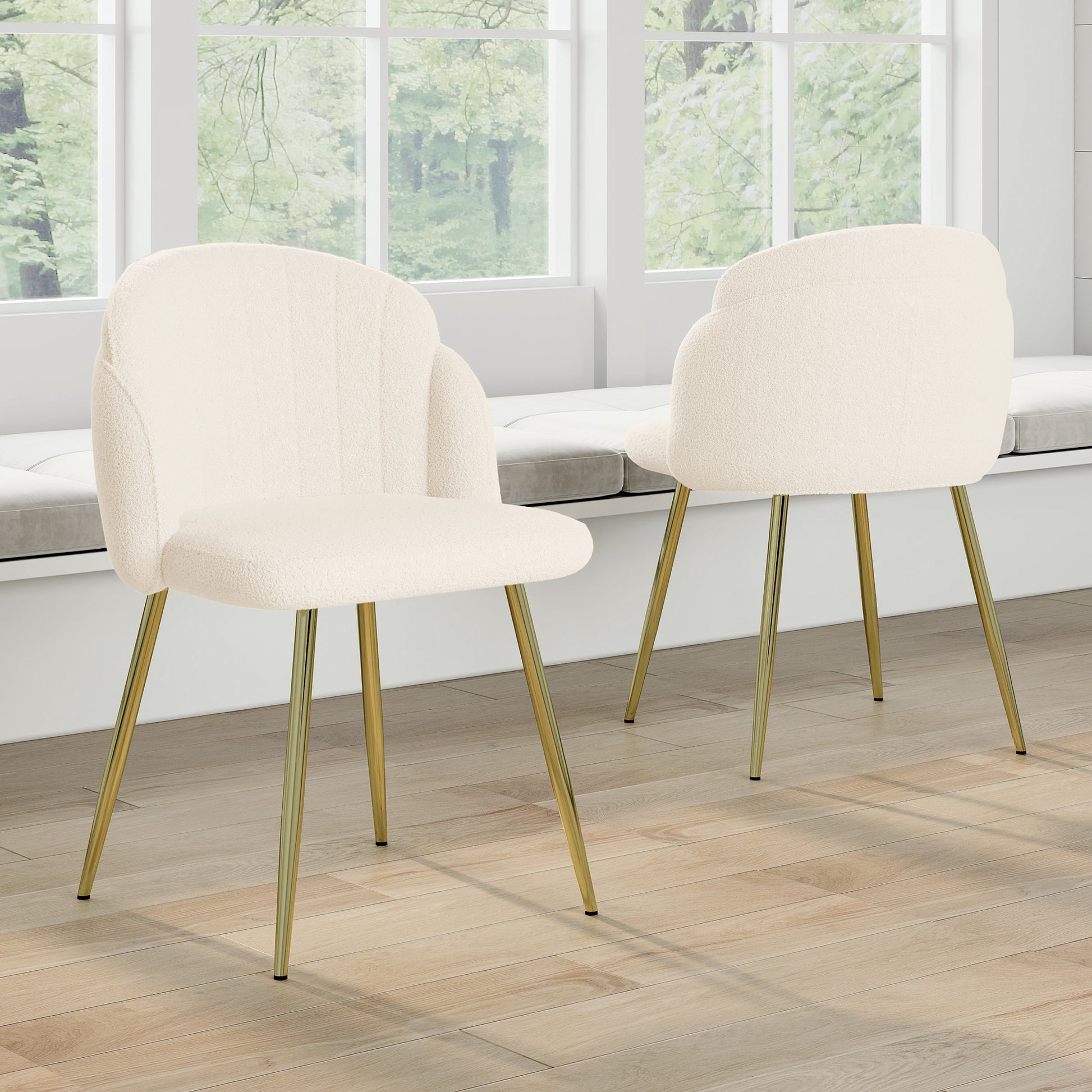 Modern Simple Teddy Fleece Dining Chair Fabric Upholstered Chairs Home Bedroom Stool Back Dressing Chair Gold Metal Legs Set Of 2 Beige Metal