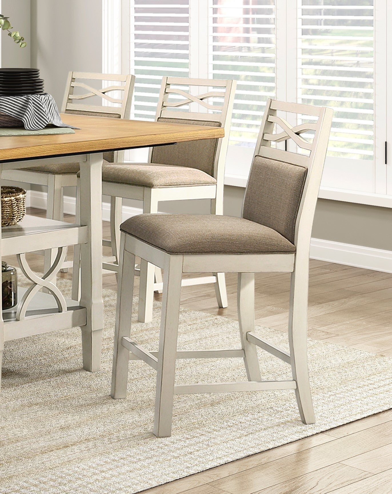 5Pc Dining Set Counter Height Table Base With 2 Shelves, 4 Upholstered Counter Height Chairs Light Oak And Gray Finish Casual Country Style Dining Wooden Kitchen Furniture Gray,Light Oak Seats 4 Dining Room Rectangular Wood