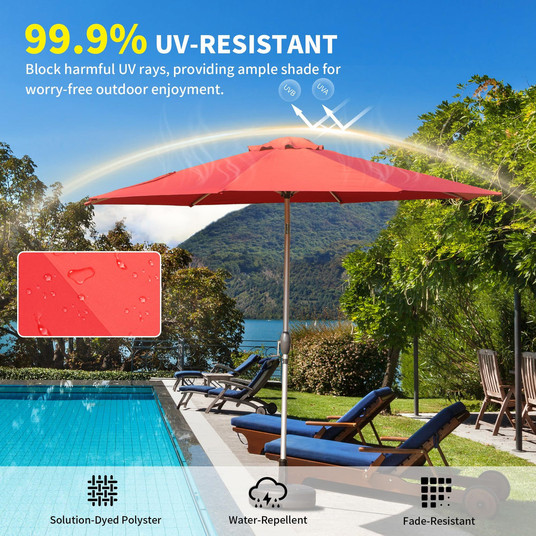 9Ft Patio Umbrella, Outdoor Table Umbrella With Push Button Tilt And Crank, Uv Protection Waterproof Market Sun Umbrella With 8 Sturdy Ribs For Garden, Deck, Backyard, Pool Brick Red Brick Red Round Uv Resistant Umbrellas Aluminium