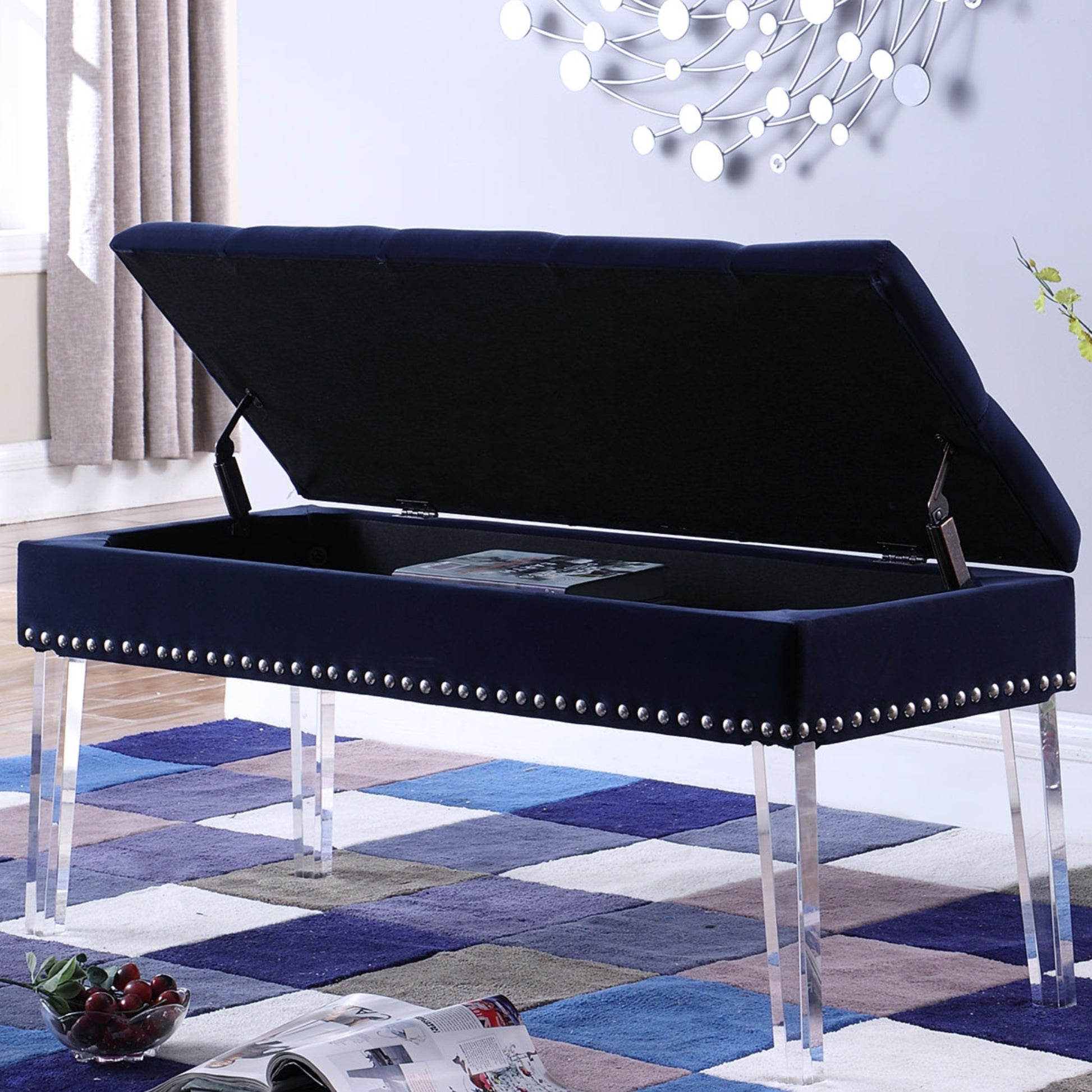 18" Tall Storage Bench Trim W Acrylic Clear Legs, Navy Blue Tufted Navy Blue Wood