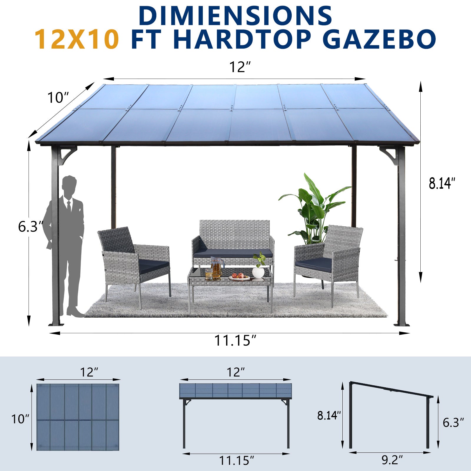 10' X 12' Outdoor Pergola Gazebo,Wall Mounted Lean To Metal Awning Gazebo With Roof,Large Heavy Duty For Patio,Decks,Backyard Grey Metal