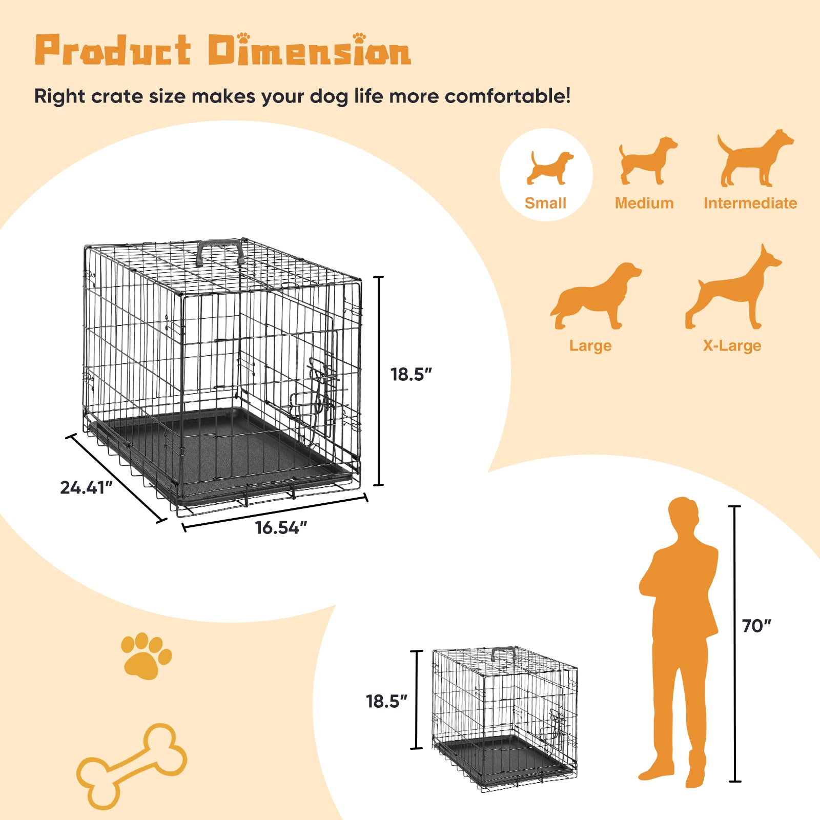 Dog Crate With Divider Panel,24 Inch Double Door Folding Metal Wire Dog Cage With Plastic Leak Proof Pan Tray, Pet Kennel For Indoor Black Iron