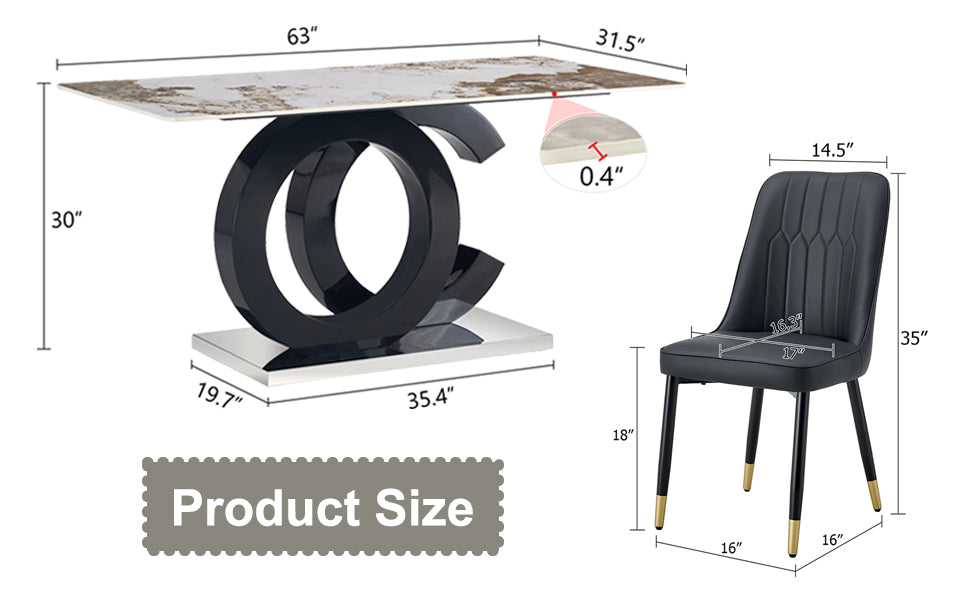 Table And Chair Set.63"X31.5" Marble Pattern Sintered Stone Table With Mdf Oc Shaped Bracket.Paired With 6 Black Chairs With Pu Cushions And Black Metal Legs.Suitable For Kitchen,Dining Room,Etc.