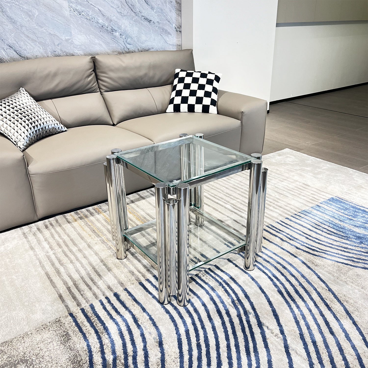 Silver Stainless Steel Double Layer Clear Tempered Glass End Table For Bed Room, Living Room Silver Clear Modern Square Stainless Steel,Tempered Glass