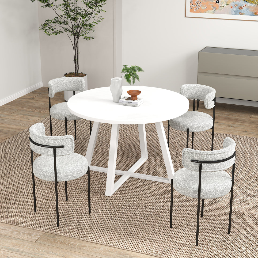 Durban 5 Piece Round Dining Set, Trestle Dining Table With 4 Boucle Chairs White Wood Dining Room Solid Wood Rubberwood Round Dining Table With Chair Wood Wood White Multi Slat Back Seats 4 Contemporary,Modern Round Trestle Solid Wood Mdf Solid Wood Mdf