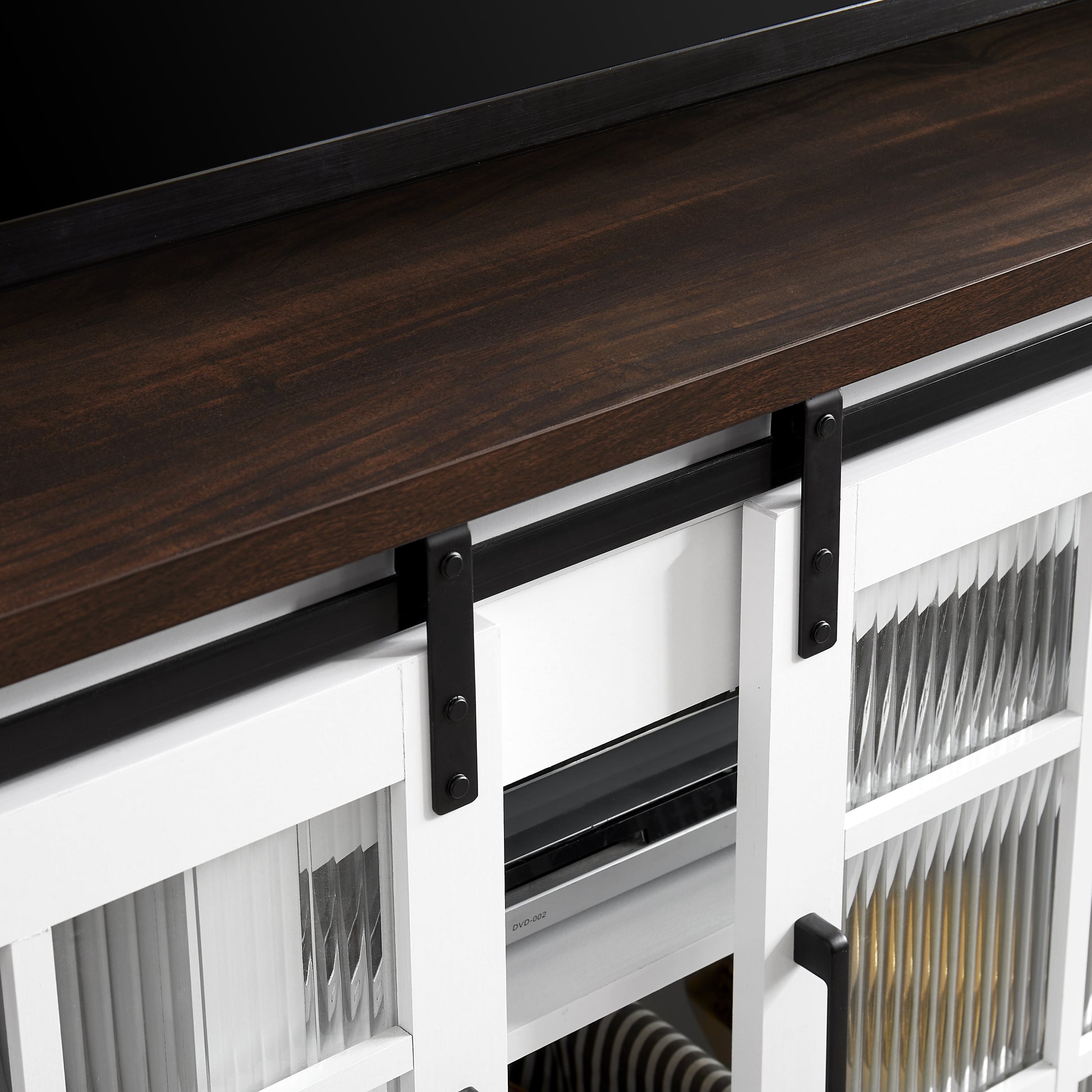 Multipurpose Sliding Door Tv Cabinet Large Storage Cabinet With 2 Sliding Glass Doors, Tv Desk Storage Rack, Adjustable Shelves For Tvs Up To 65", White Brown, 59.13"W*15.94"D*27.8"H White 60 69 Inches Mdf
