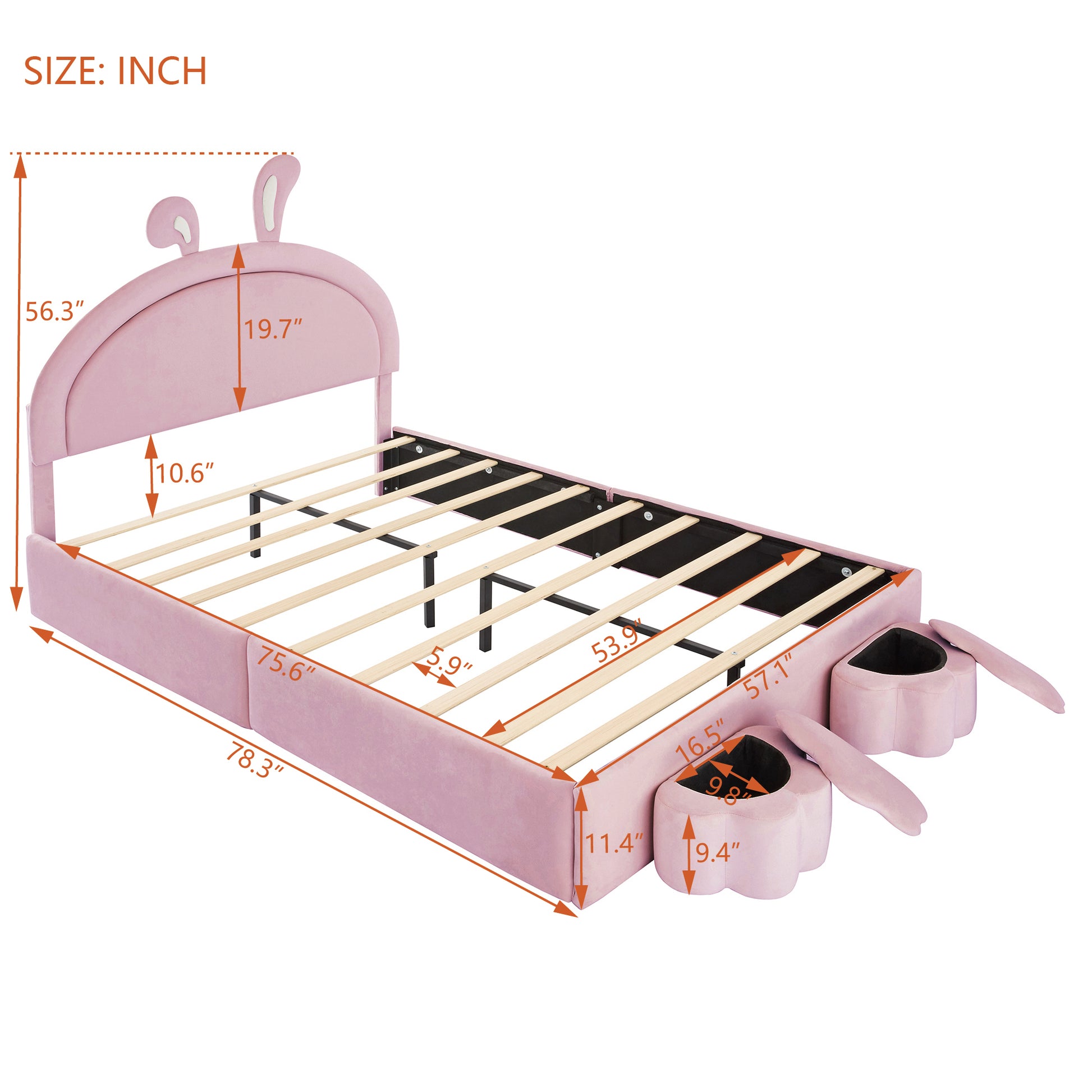 Full Size Upholstered Rabbit Shape Bed With 2 Storage Stools, Velvet Platform Bed With Cartoon Ears Shaped Headboard, Pink Full Pink Wood