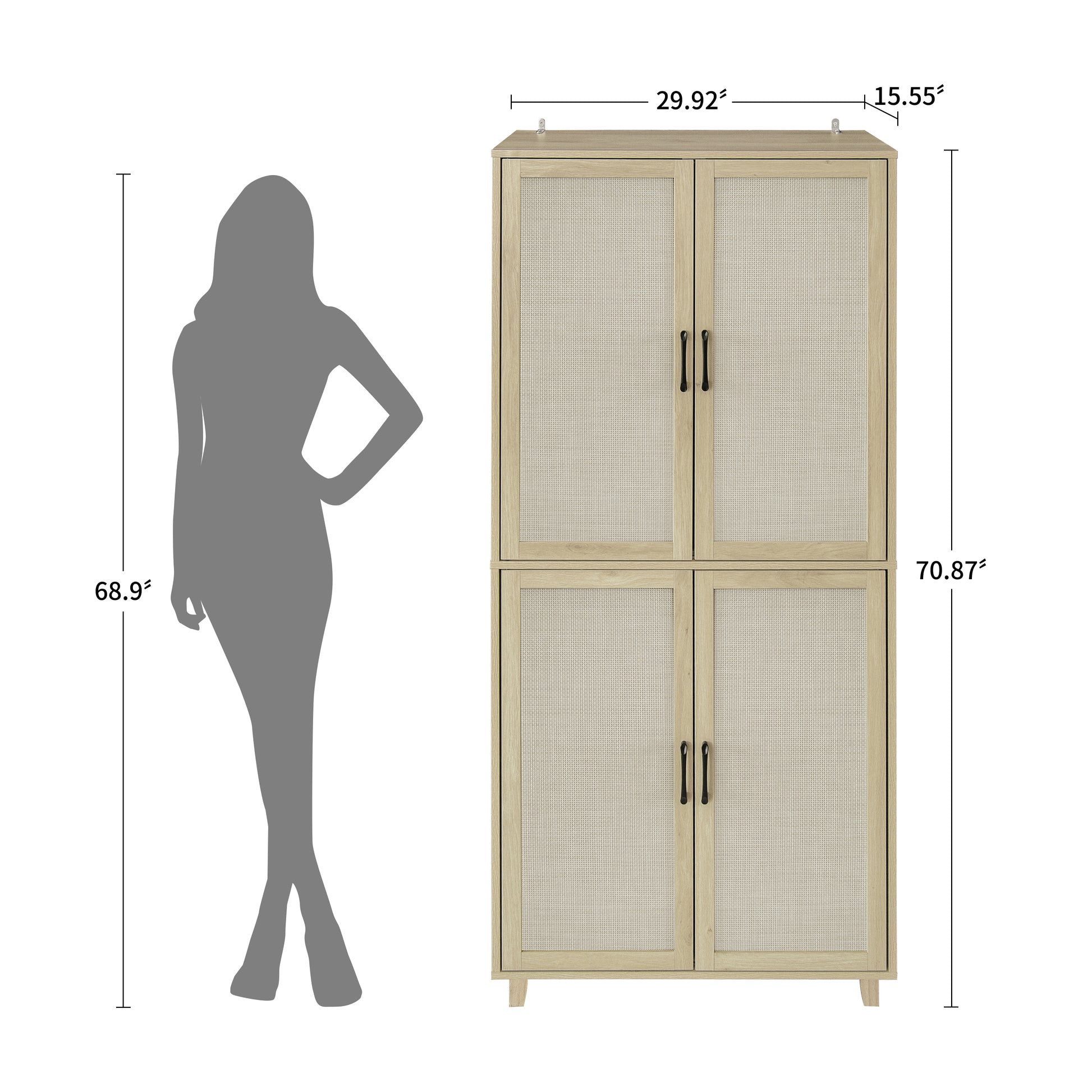 4 Door Cabinet, With 4 Adjustable Inner Shelves, Storage Cabinet Natural Mdf