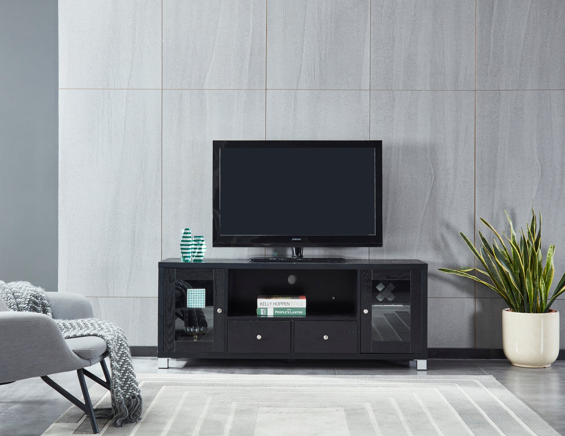 Wood Tv Stand Media Console With Storage Cabinet For Living Room, Bedroom, Black Wood Grain Finish Black Dining Room Adjustabel Shelves Mdf Glass