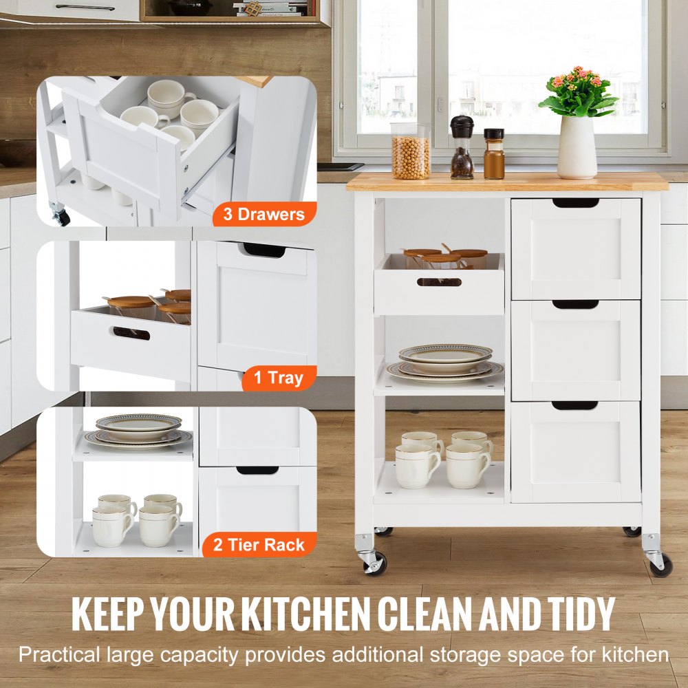 Rolling Portable Small Kitchen Island Cart On Wheels With Solid Wood Top, Dining Room Serving Utility Carts Mobile Movable With 3 Drawers And Storage Shelves Cabinet, White White White Dining Room American Design Rectangular Kitchen Island Sets Mdf Small