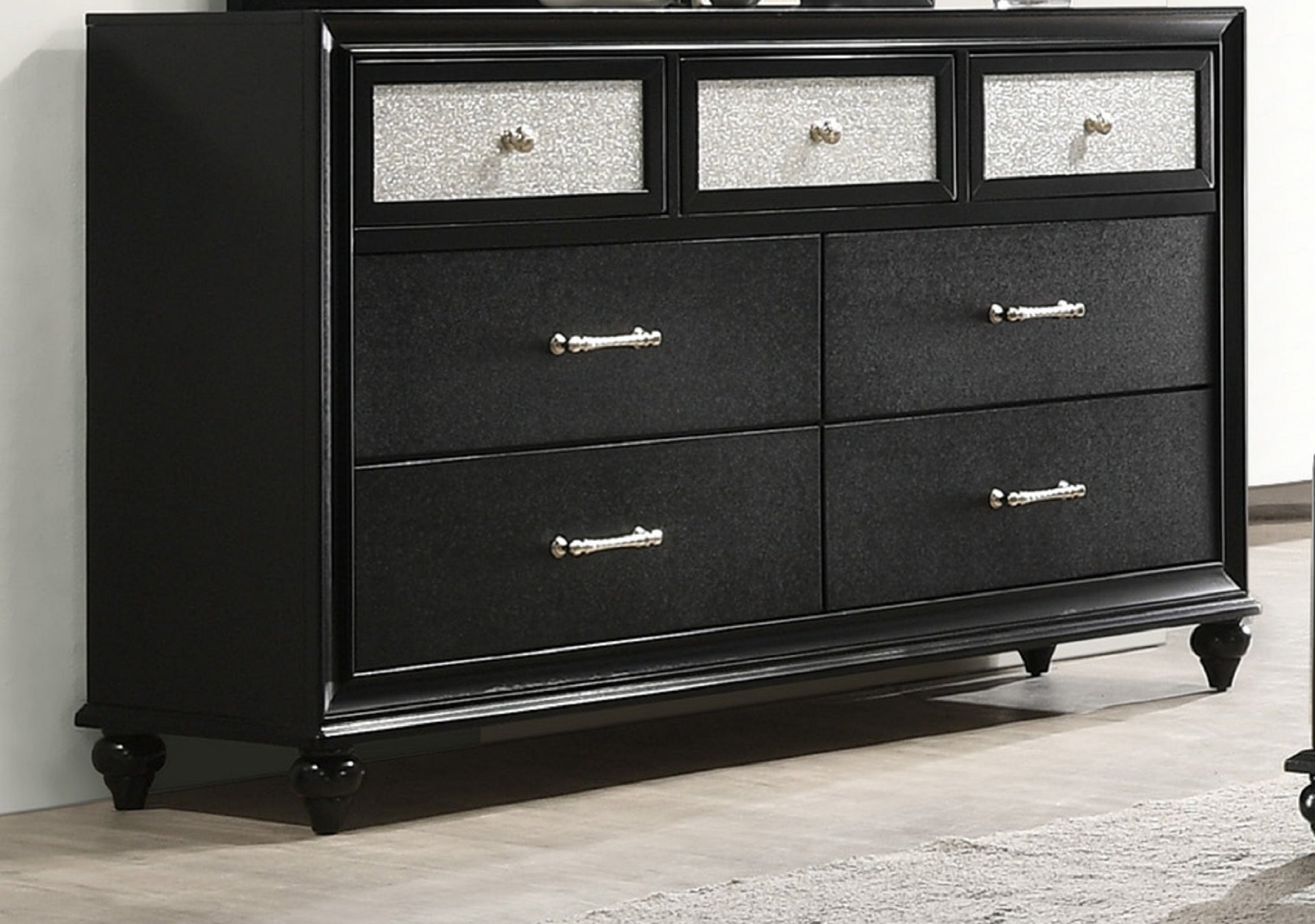 1Pc Luxury Glam Seven Drawer Bedroom Dresser With Two Toned Drawer Black Finish Shimmering Accents Bedroom Solid Wood Wooden Furniture Black Bedroom