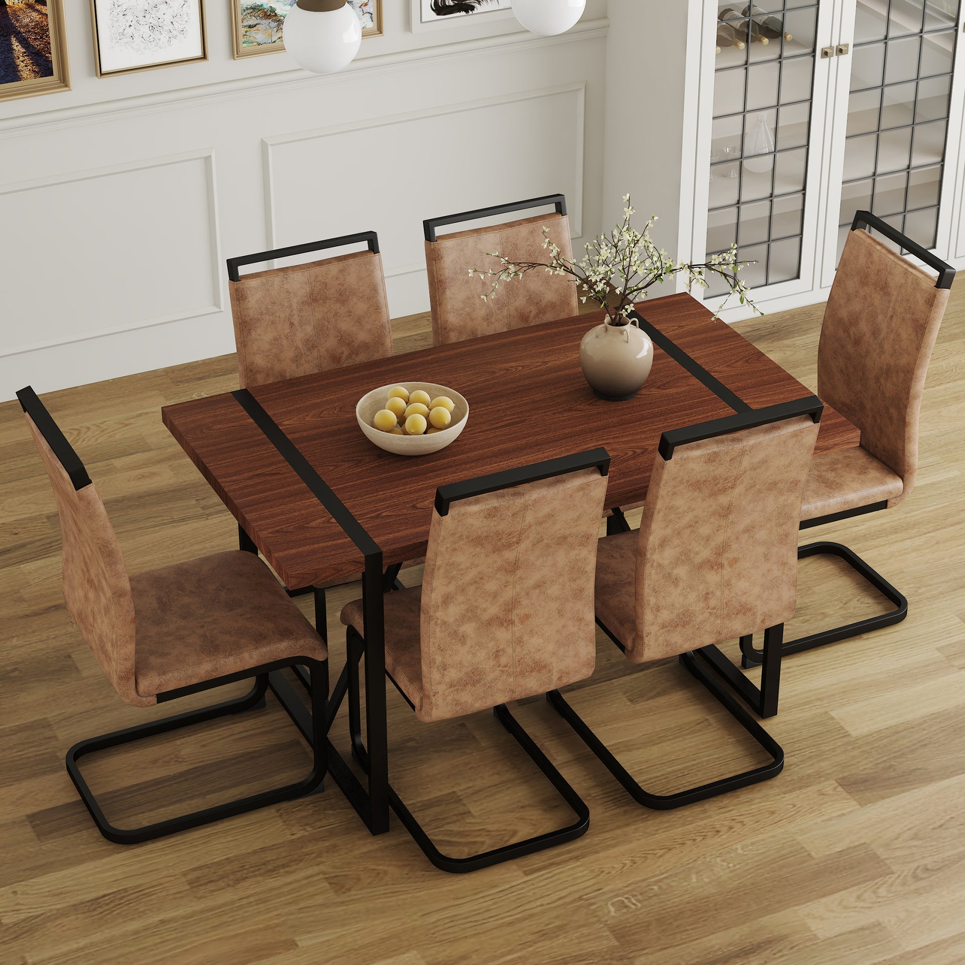 Table And Chair Set. A Minimalist Retro Rectangular Dining Table With A Specially Textured Top And Black Metal Legs, Paired With 6 Soft Chairs And Black Metal Legs, Showcases A Beautiful Home Style.