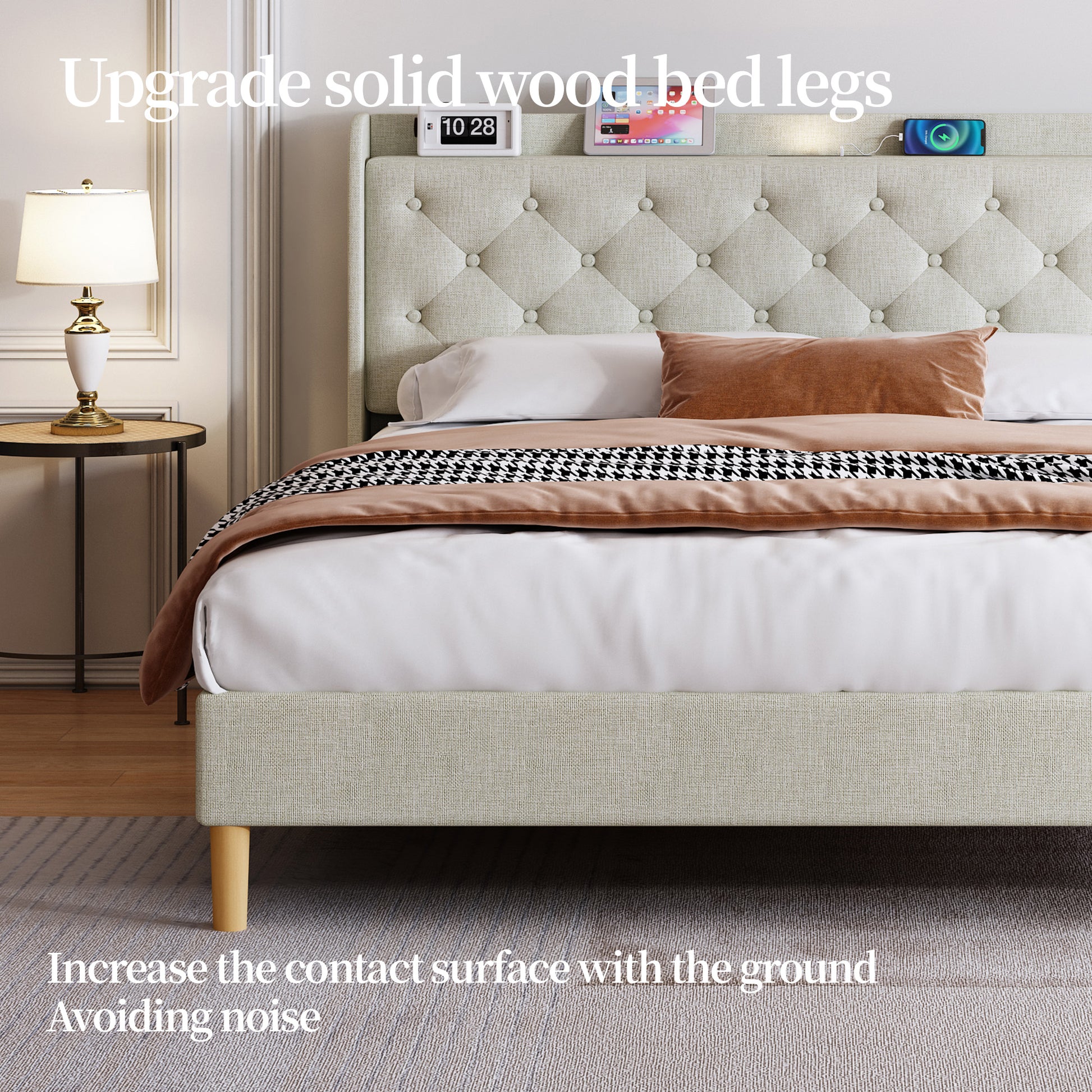 Queen Size Bed, Mesh Backboard Beautiful, With Led Lights, Cotton And Linen Fabric, Frame Stability, Easy To Assemble,Light Gray Queen Light Gray Mdf Acacia