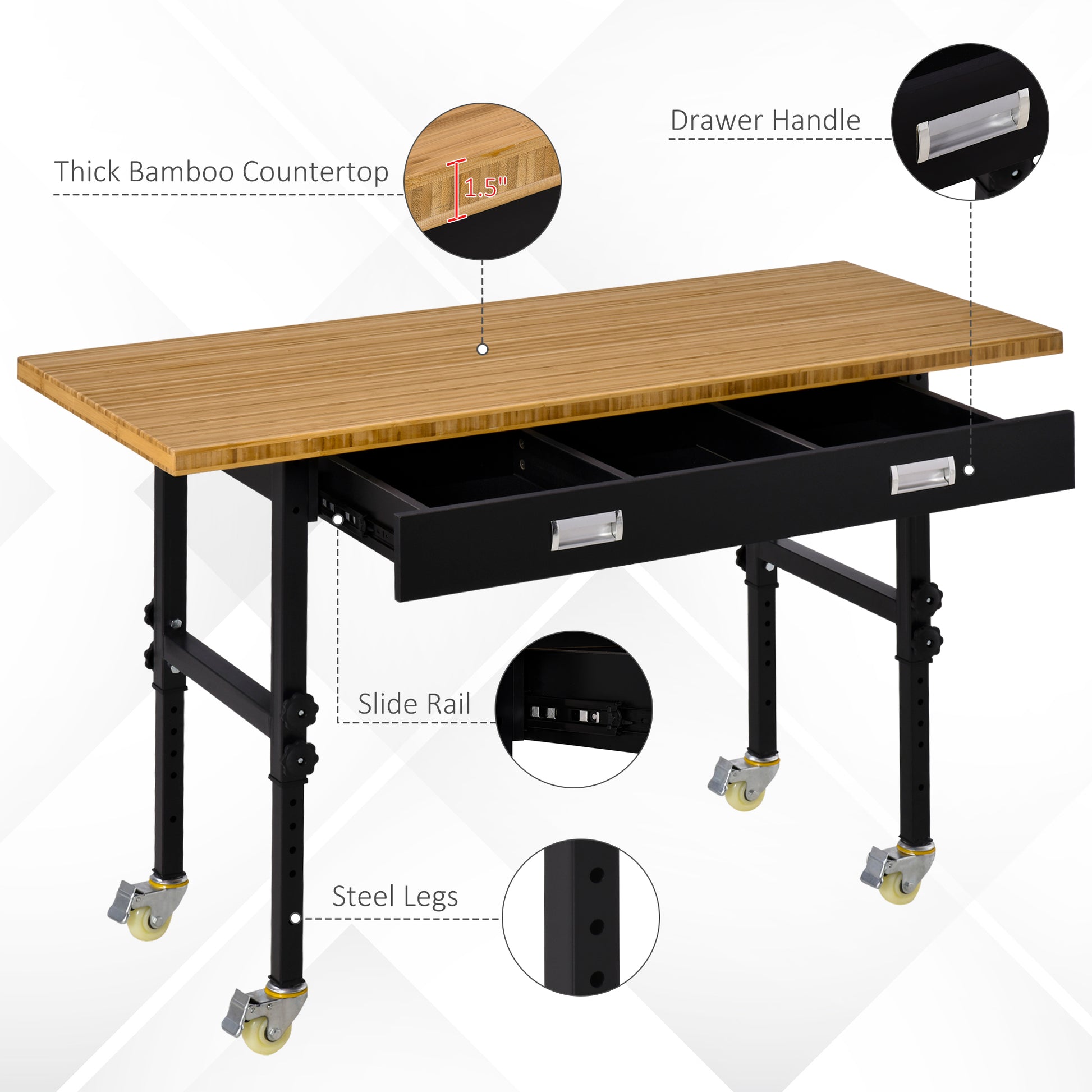 Homcom 59" Work Bench With Drawer, Height Adjustable Legs, Bamboo Tabletop Workstation Tool Table On Wheels For Garage, Weight Capacity 1320 Lbs, Black Natural Natural Wood Bamboo