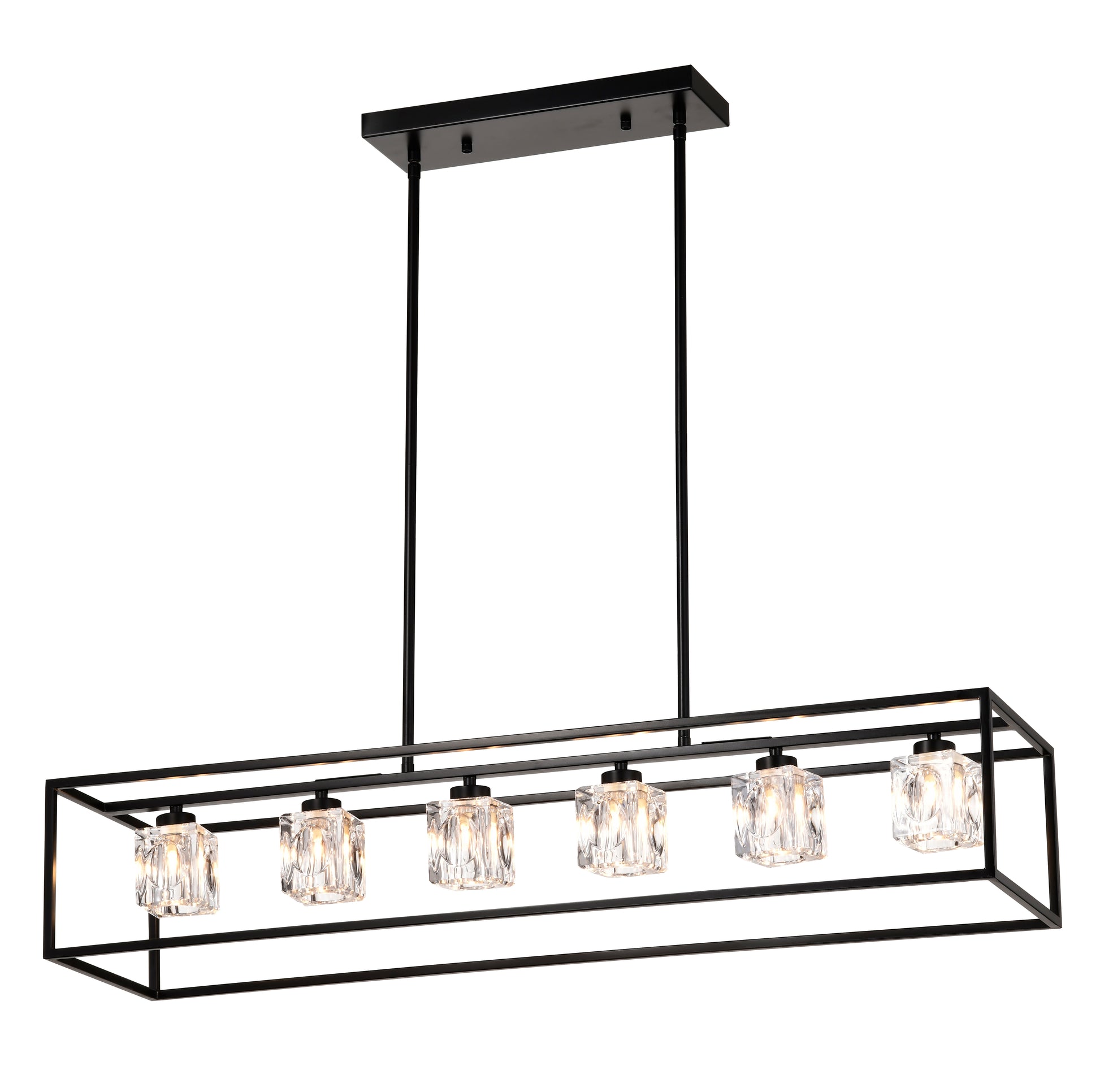 6 Light Farmhouse Chandelier, Modern Industrial Linear Rectangular Crystal Pendant Light Cage Chandelier For Dining Room,Kitchen Island, Bar, Long Table,G9*6 Bulbs Included Matte Black American