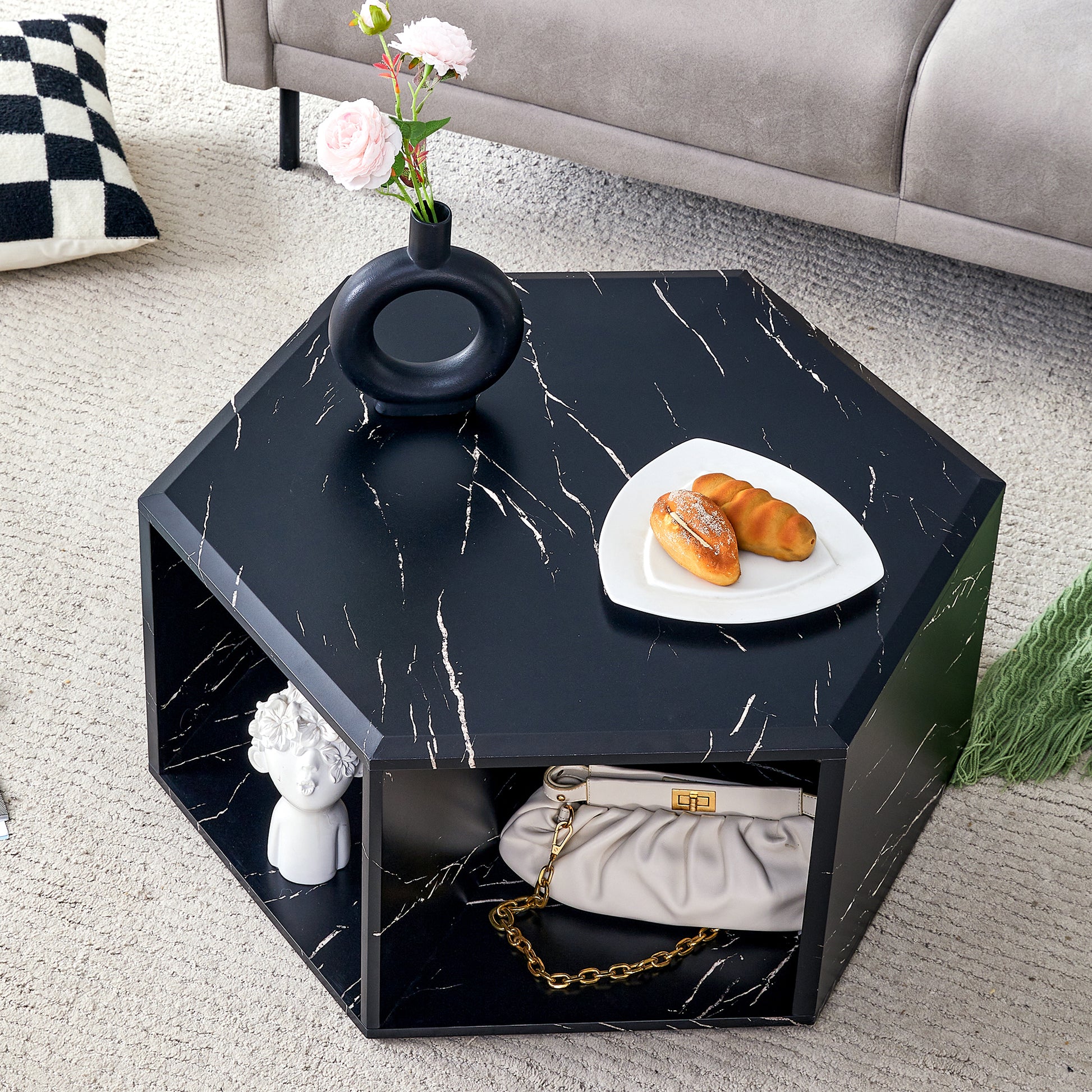 Hexagonal Mdf Coffee Table, Characteristic Pattern Stickers, Multi Hole Design To Give More Storage Space, Simple And Convenient Design Makes It Suitable For All Kinds Of Style Scenes. Black Mdf