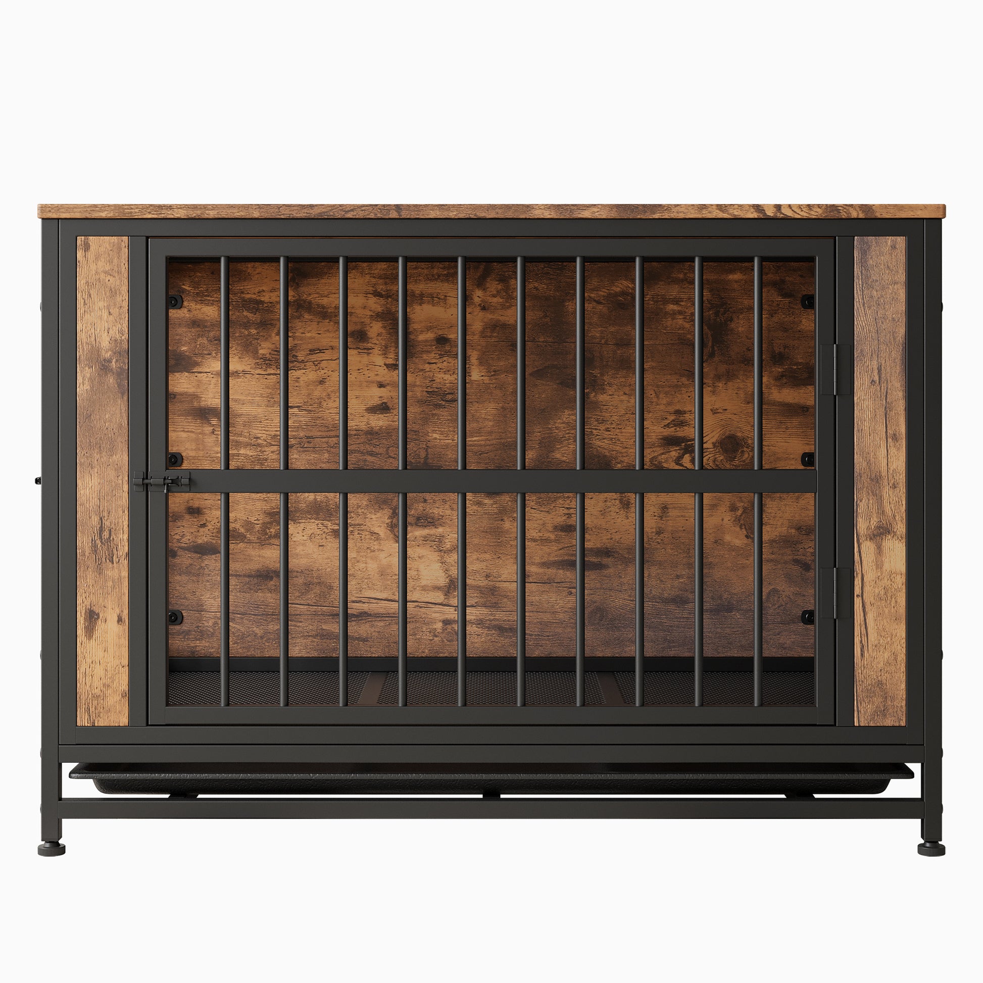 Dog Crate Furniture, Wooden Dog Crate Table, 38.9" Dog Kennel With 2 Sliding Doors And Thick Iron Door Frame, Decorative Pet Crate House For Large Medium Small Dog Indoor Use Rustic Brown Black Brown Large 41 70 Lbs Mdf Metal